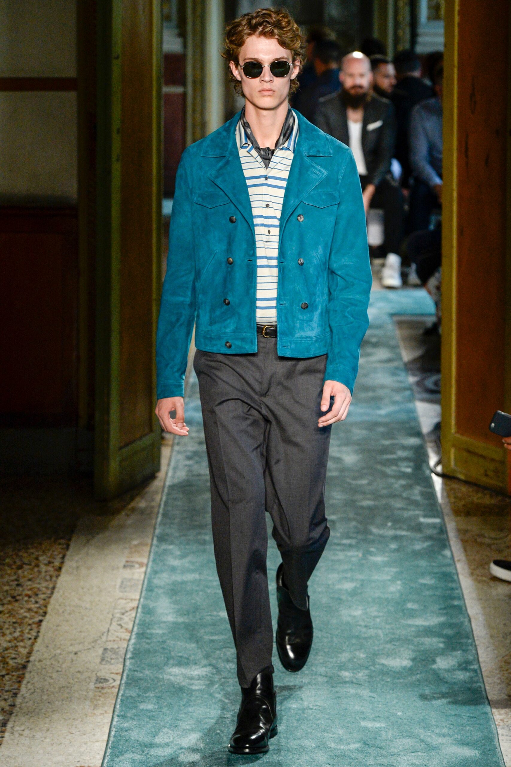 teal suede double-breasted jacket
