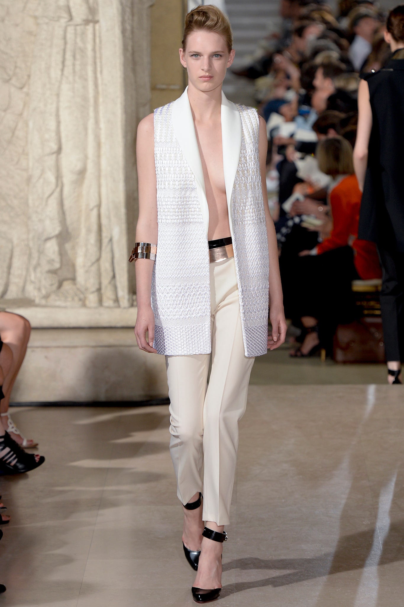 white knit sleeveless open-front longline textured vest