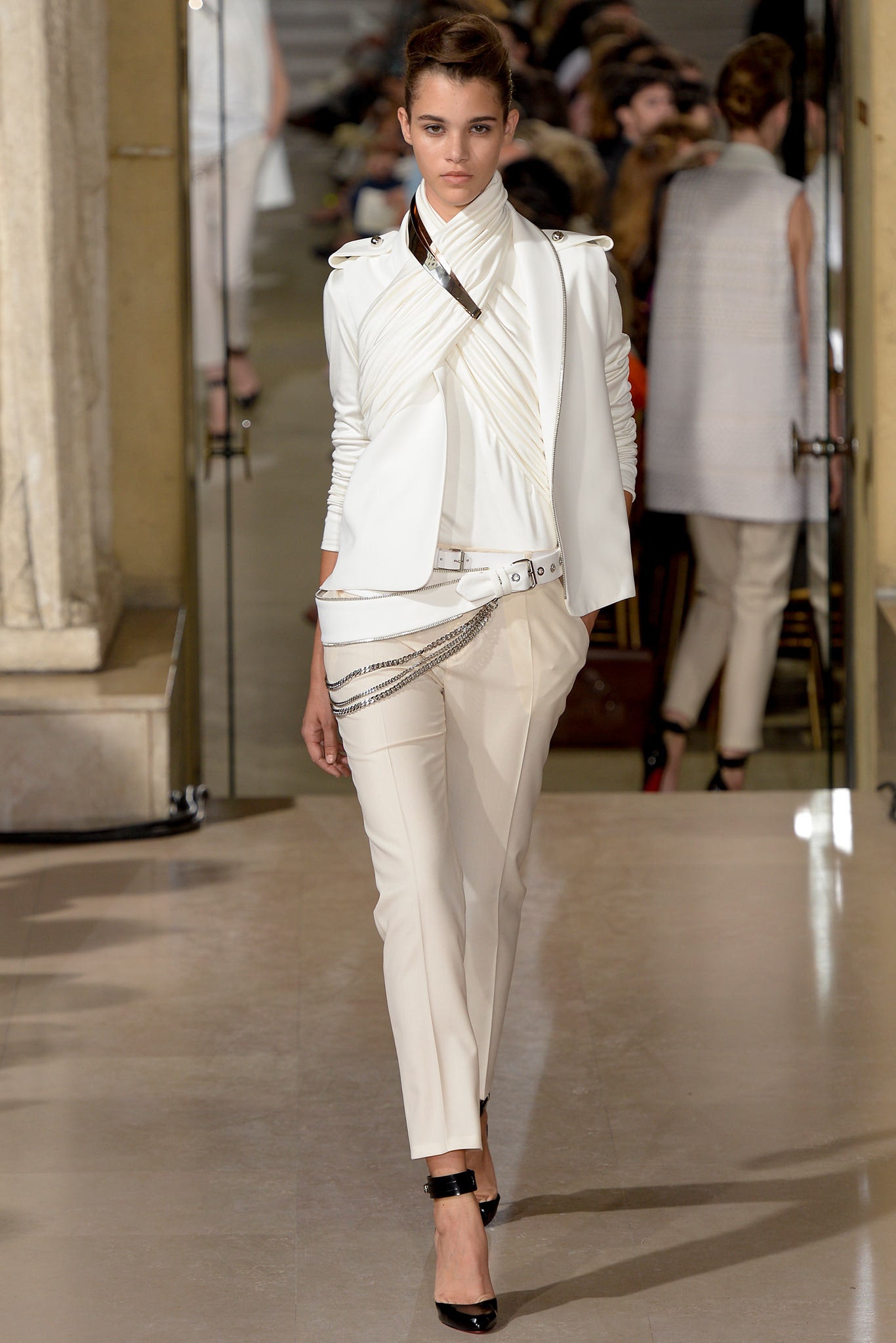 white jersey high-neck long-sleeve ruched draped top