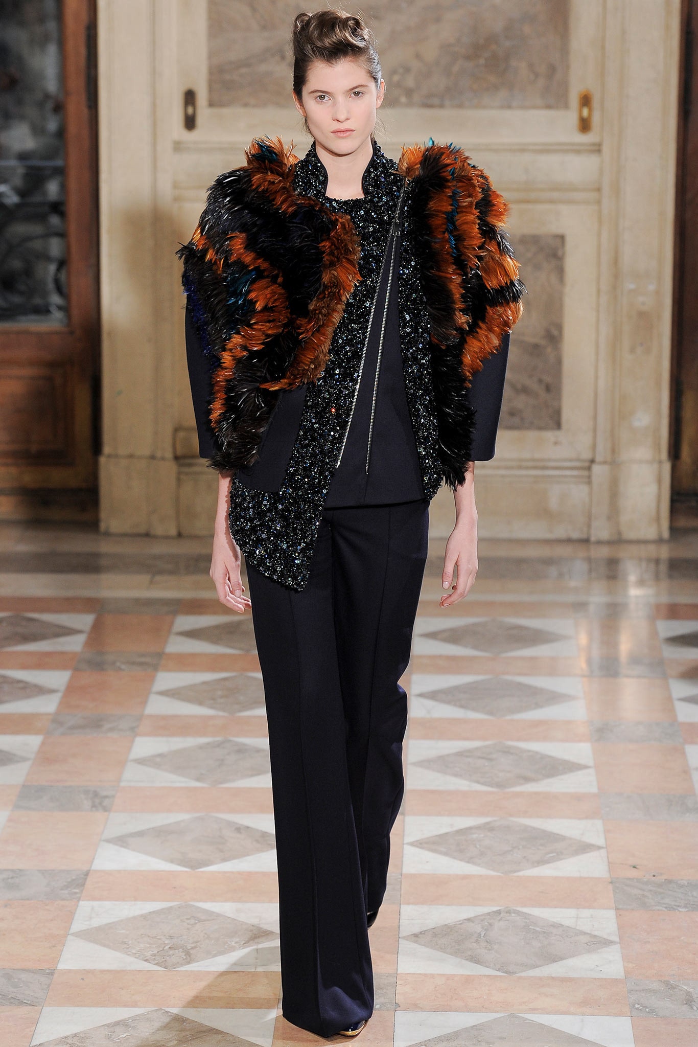 black sequin long-sleeve open-front structured embellished zippered jacket