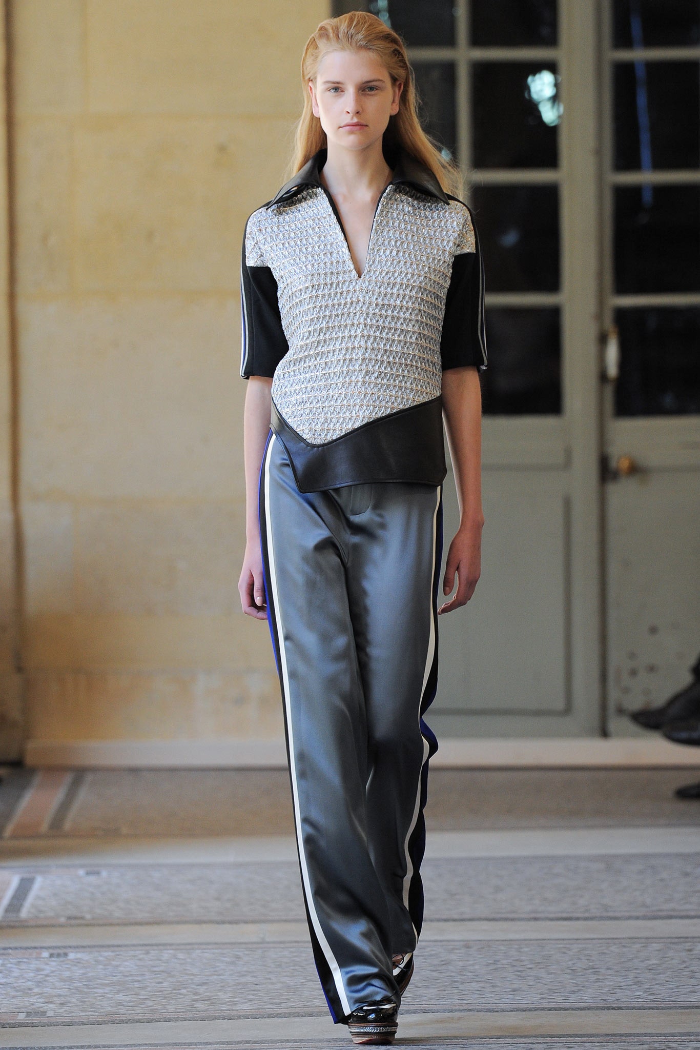 gray satin relaxed striped wide-leg shiny pants