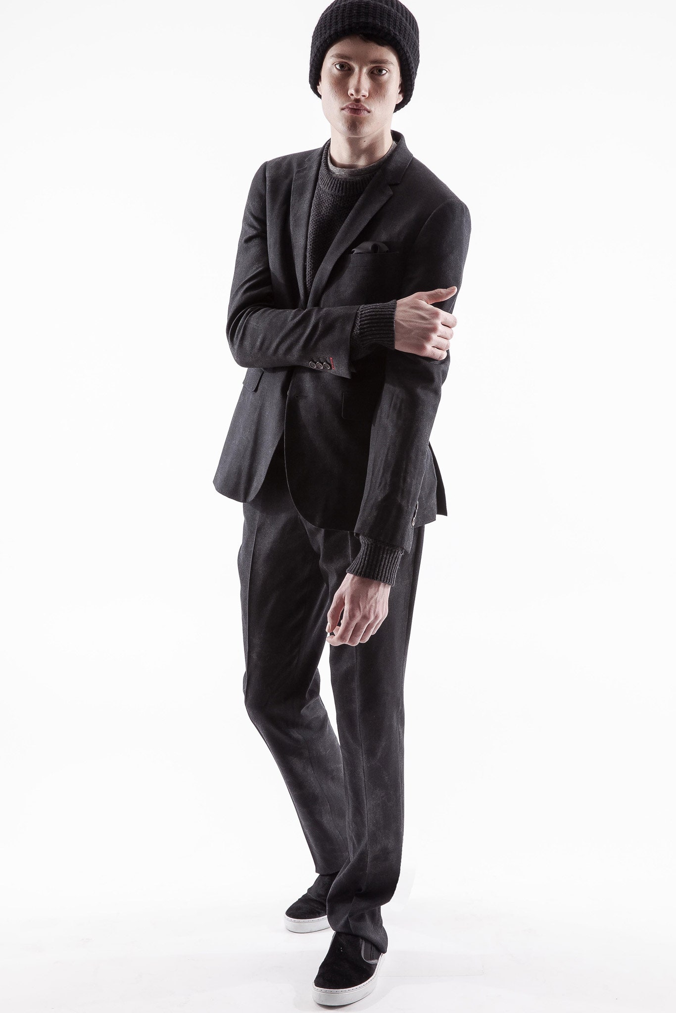 black knit long-sleeve collared ribbed textured sweater