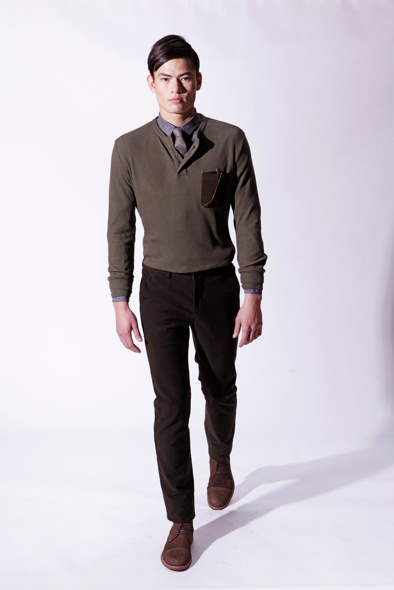 green knit long-sleeve high-neck slim ribbed pockets sweater