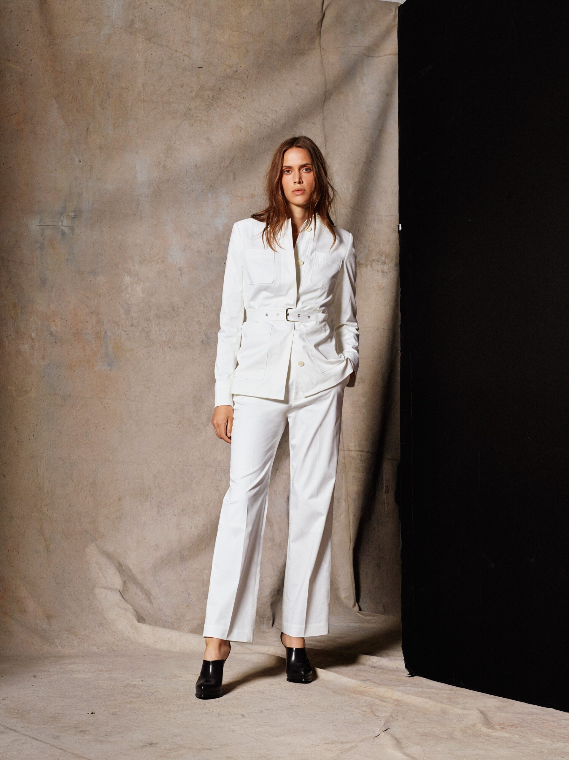 white belted tailored jacket