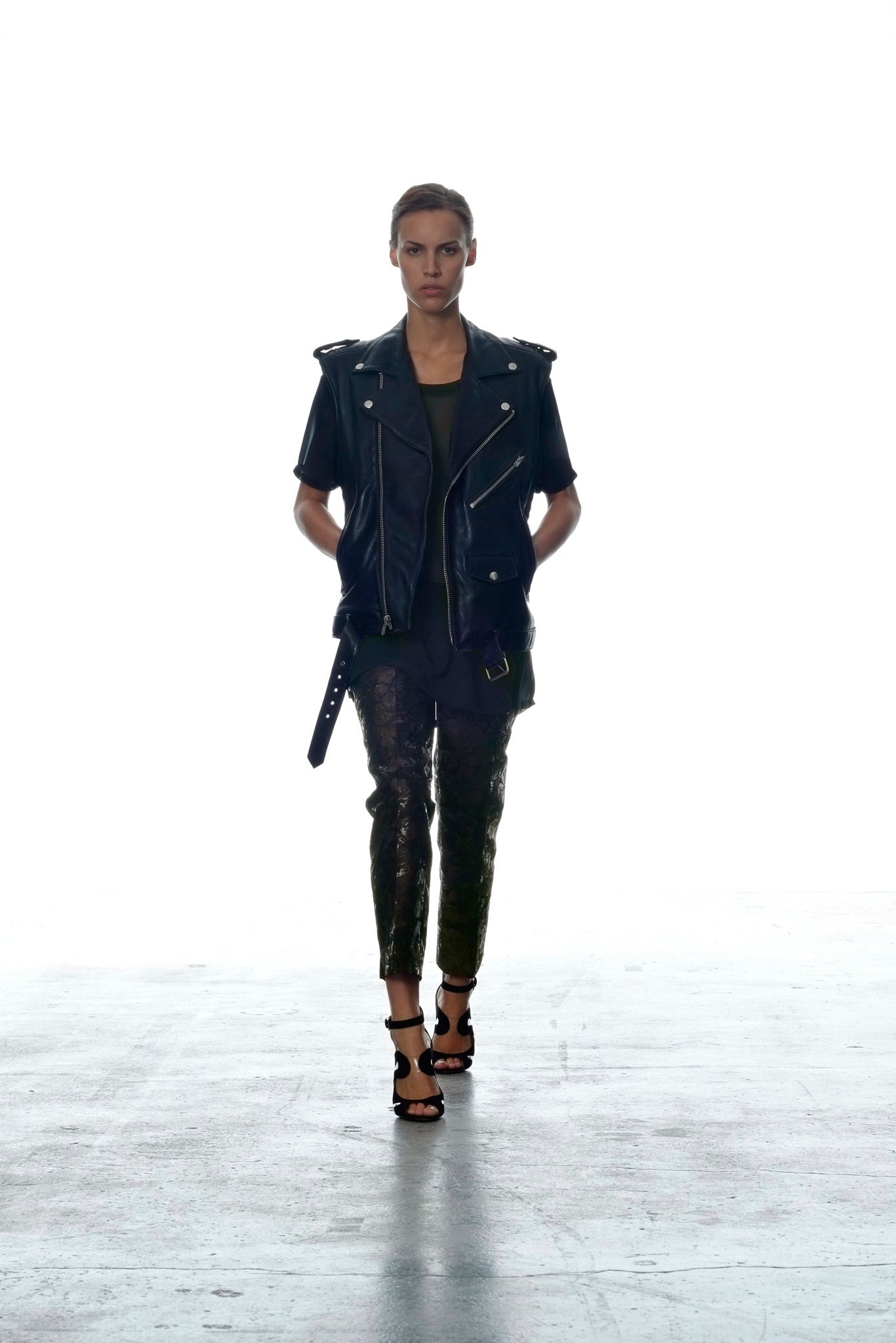 black leather short-sleeve biker jacket