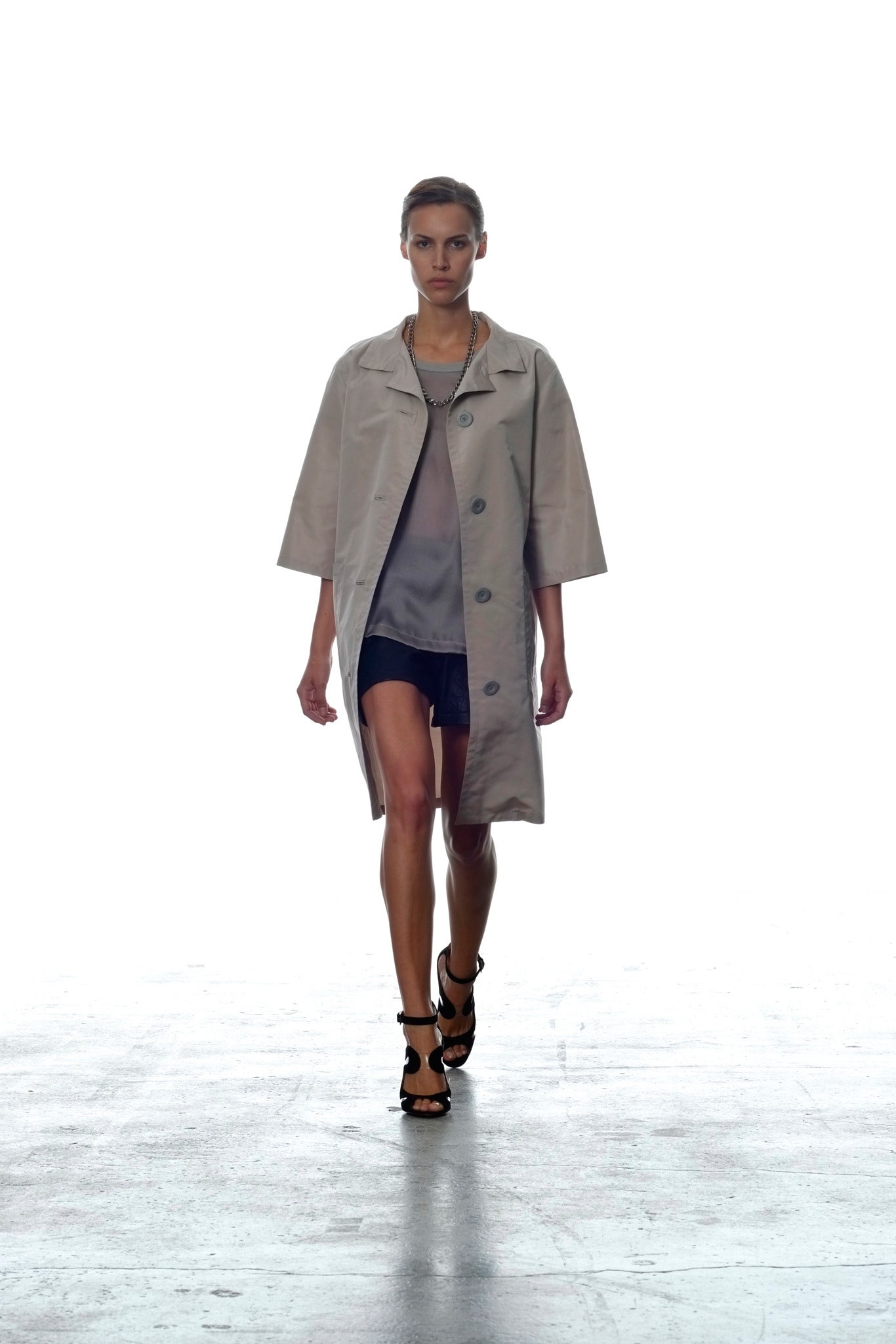 beige collared open-front coat