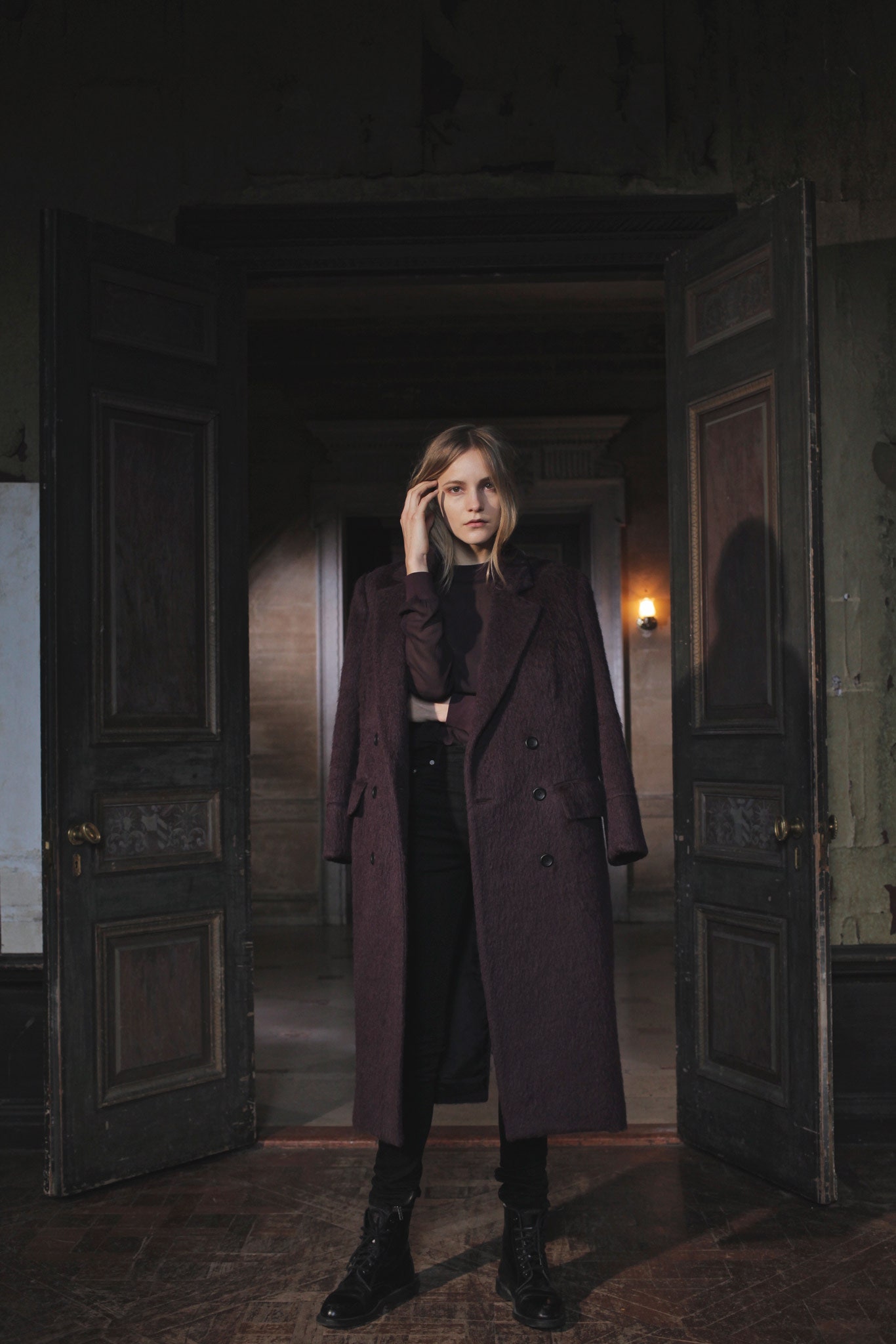 purple double-breasted long coat