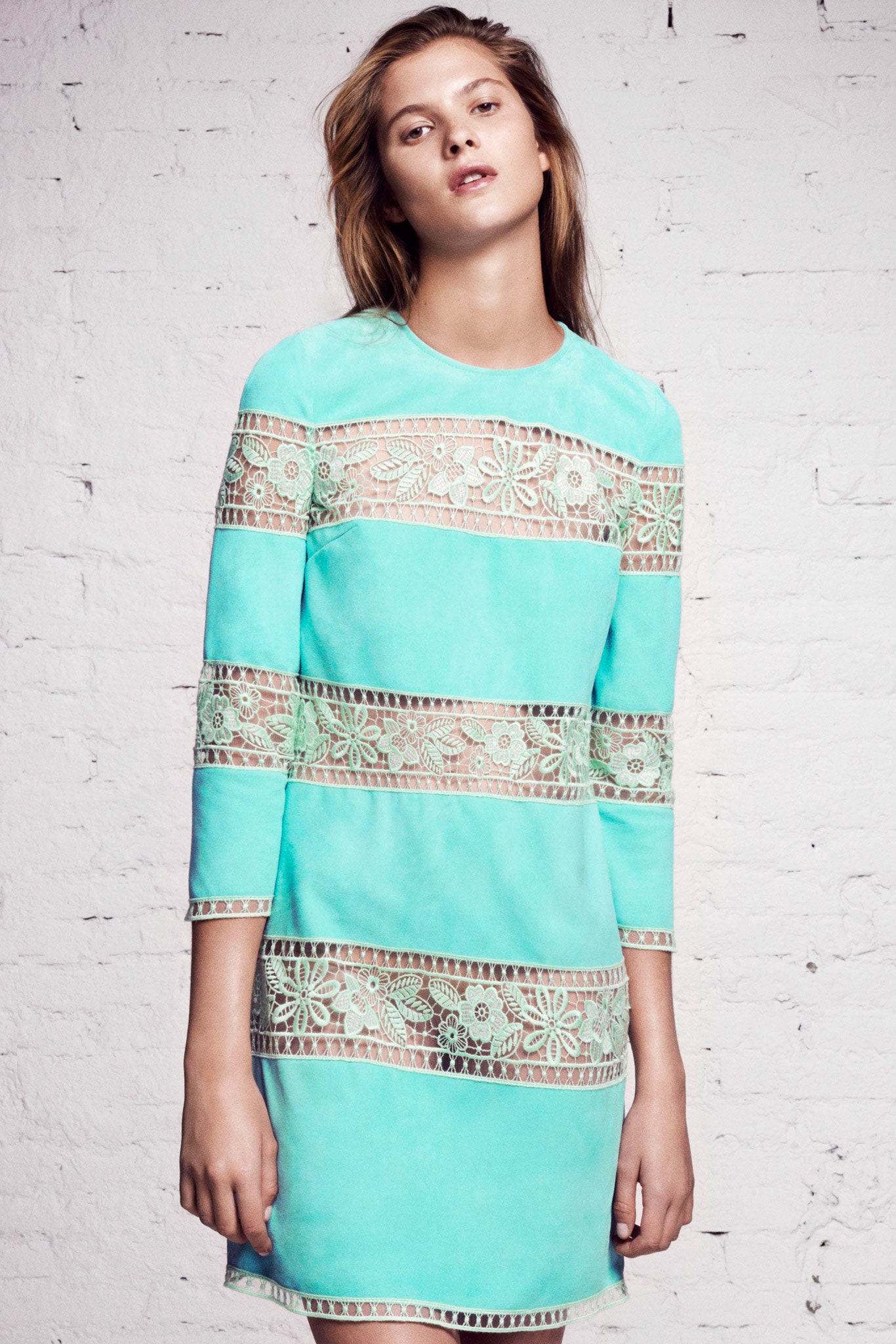 teal floral lace panel mini-dress