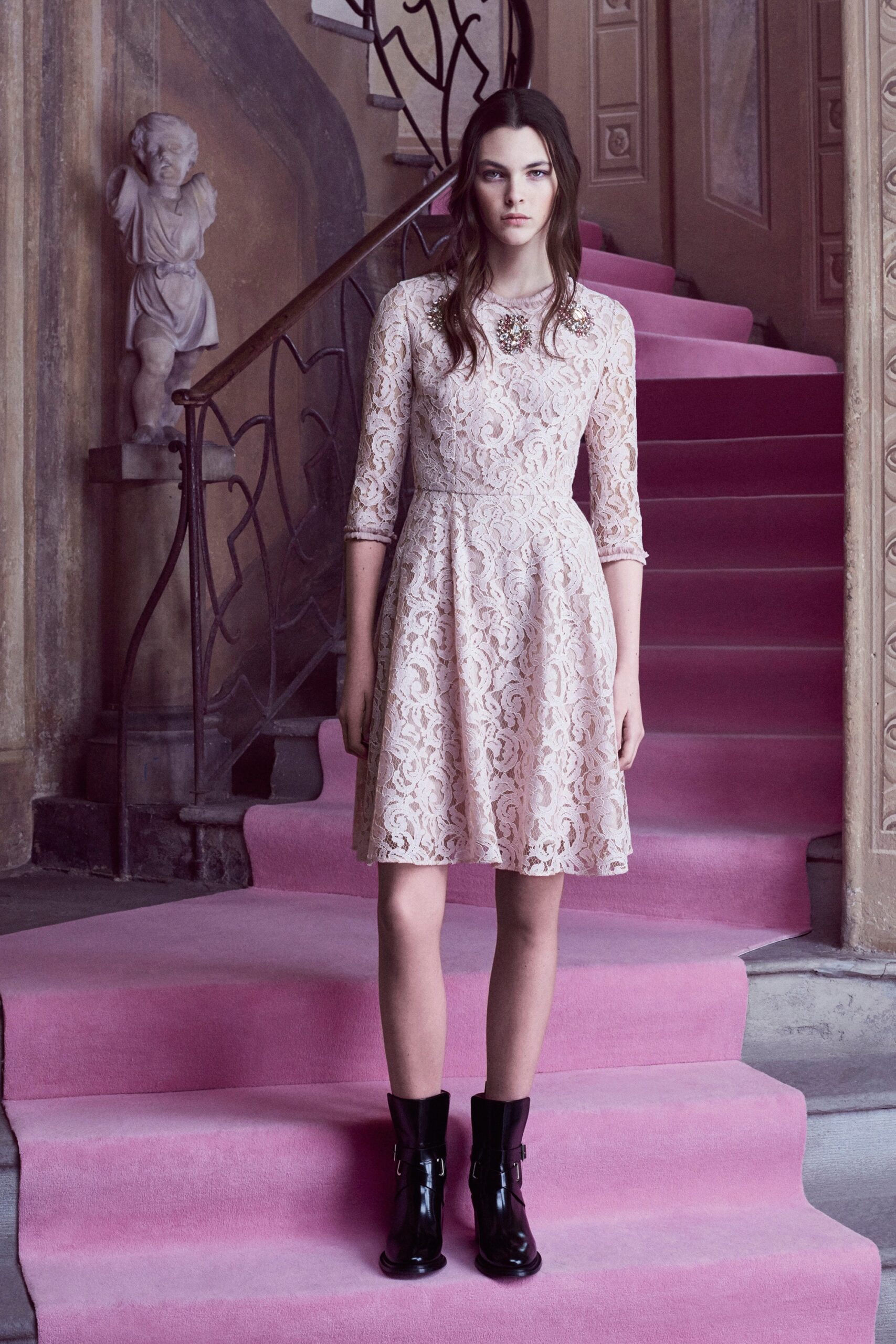 pink lace long-sleeve high-neck fitted a-line textured dress