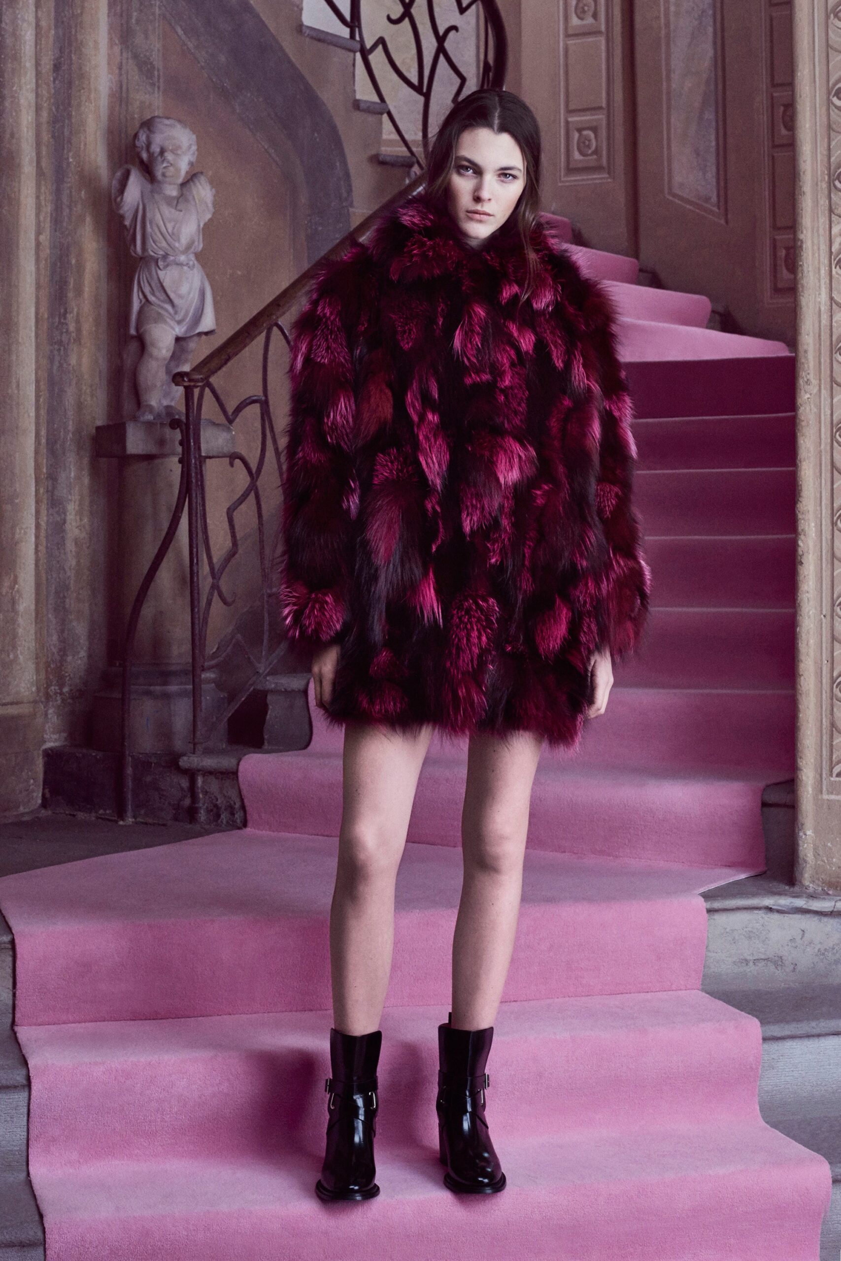 pink fur long-sleeve open-front oversized textured mini coat