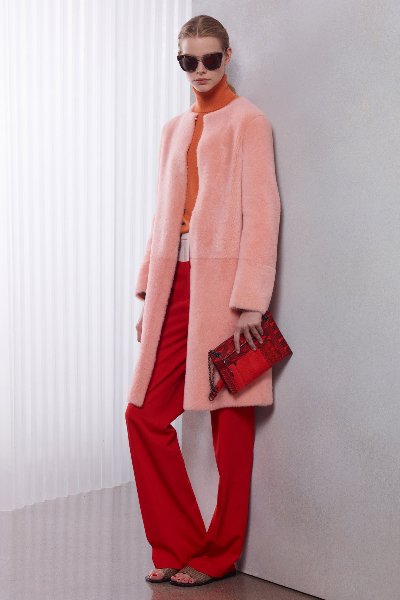 pink fur long-sleeve open-front textured midi coat