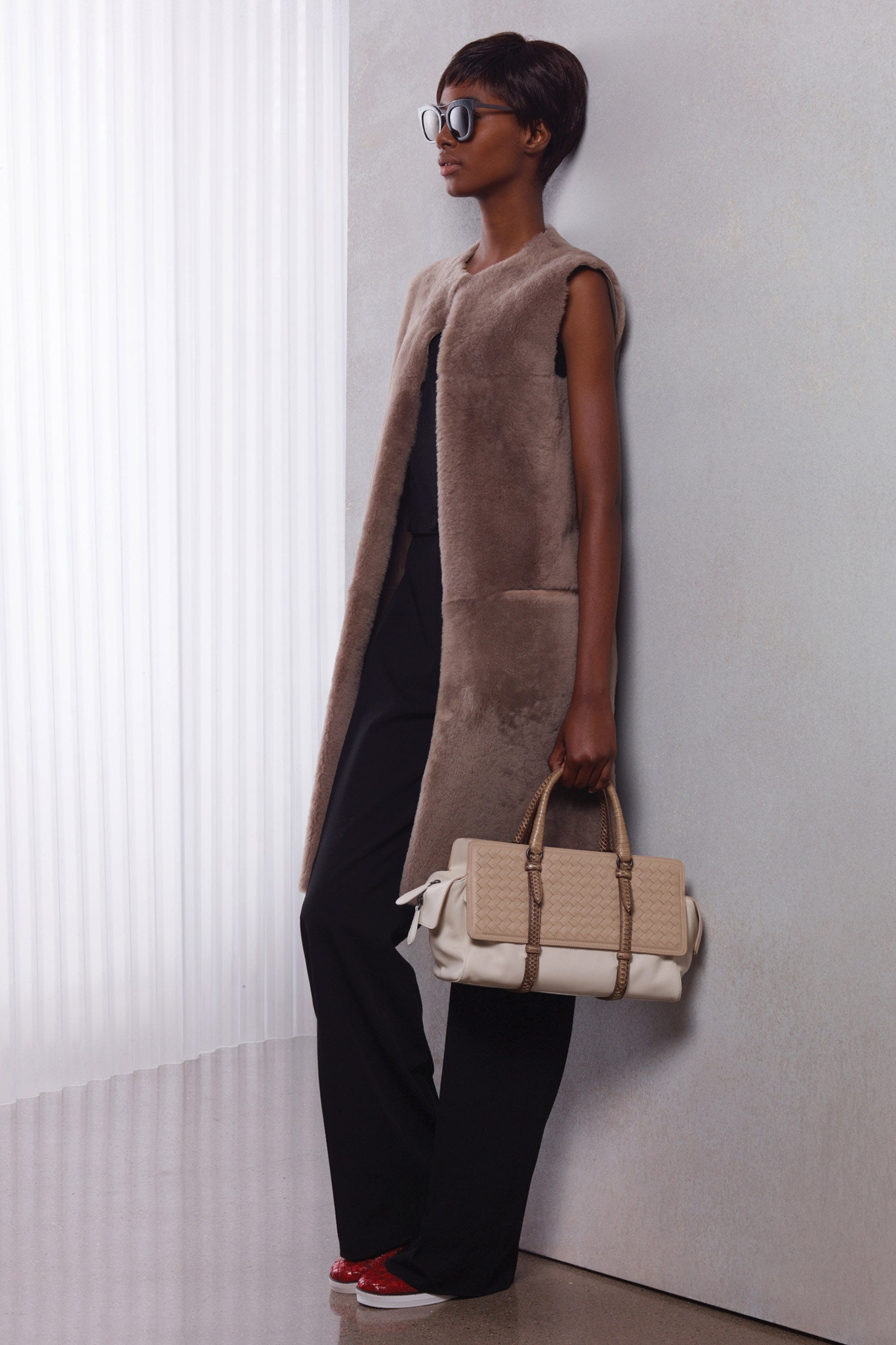 beige fur sleeveless open-front longline pockets textured vest