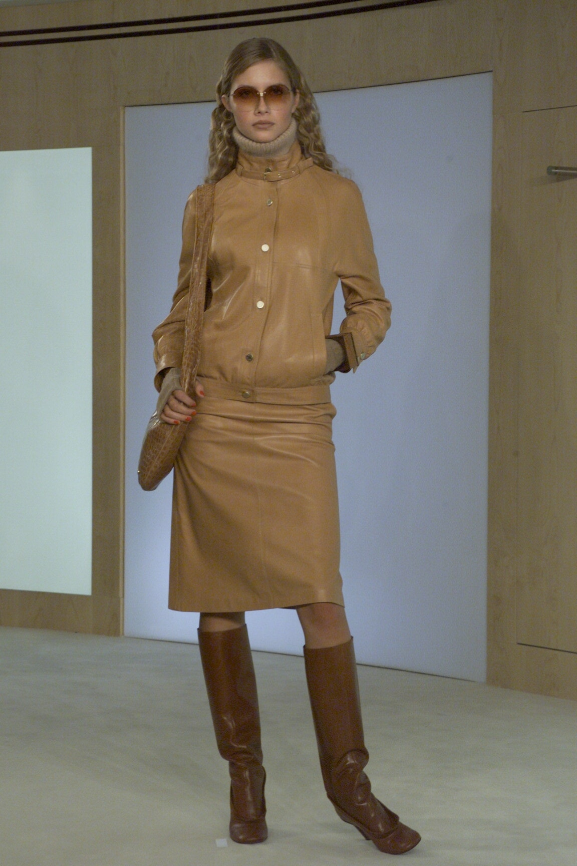 tan leather long-sleeve high-neck structured buttoned jacket