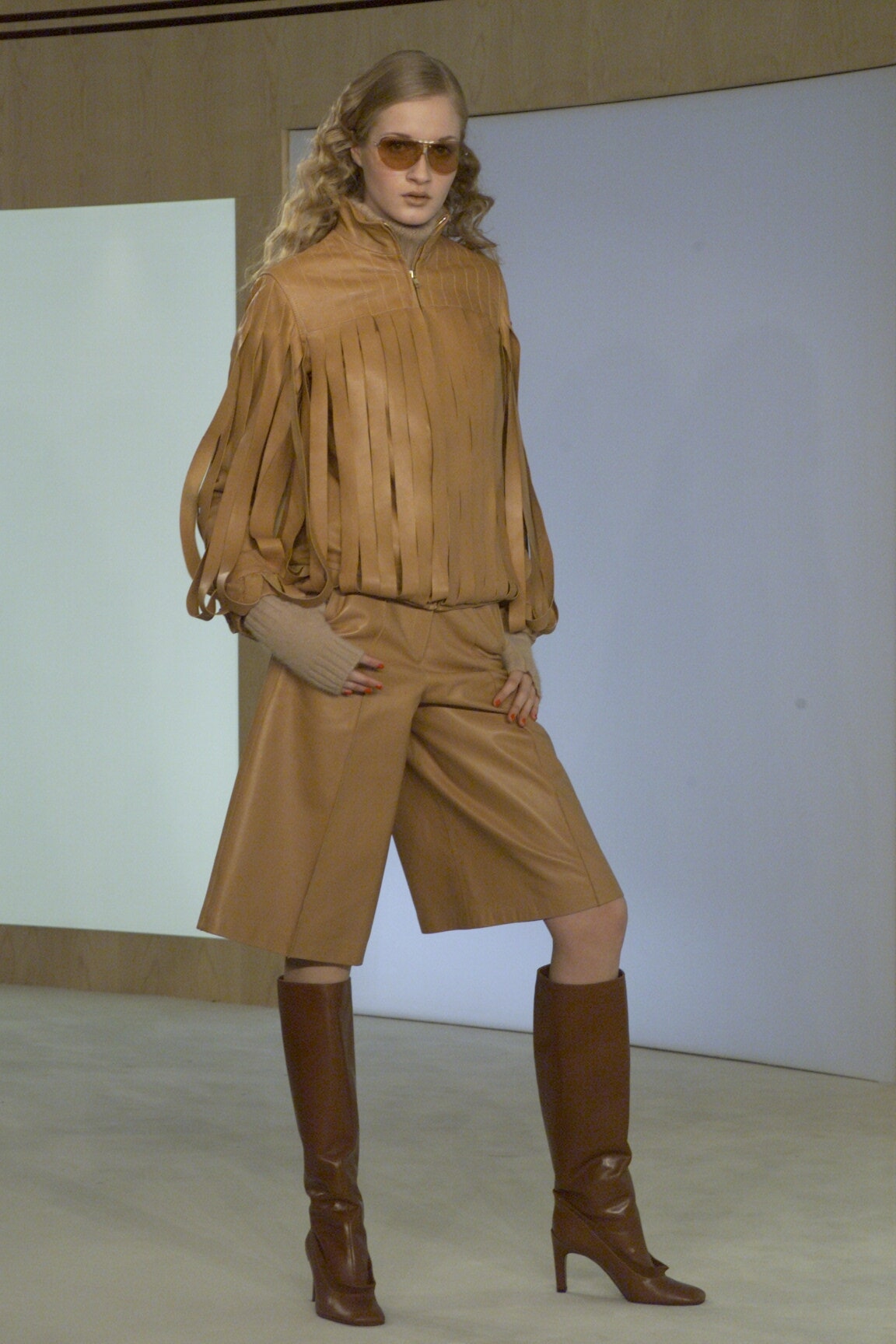 brown leather wide-leg culottes