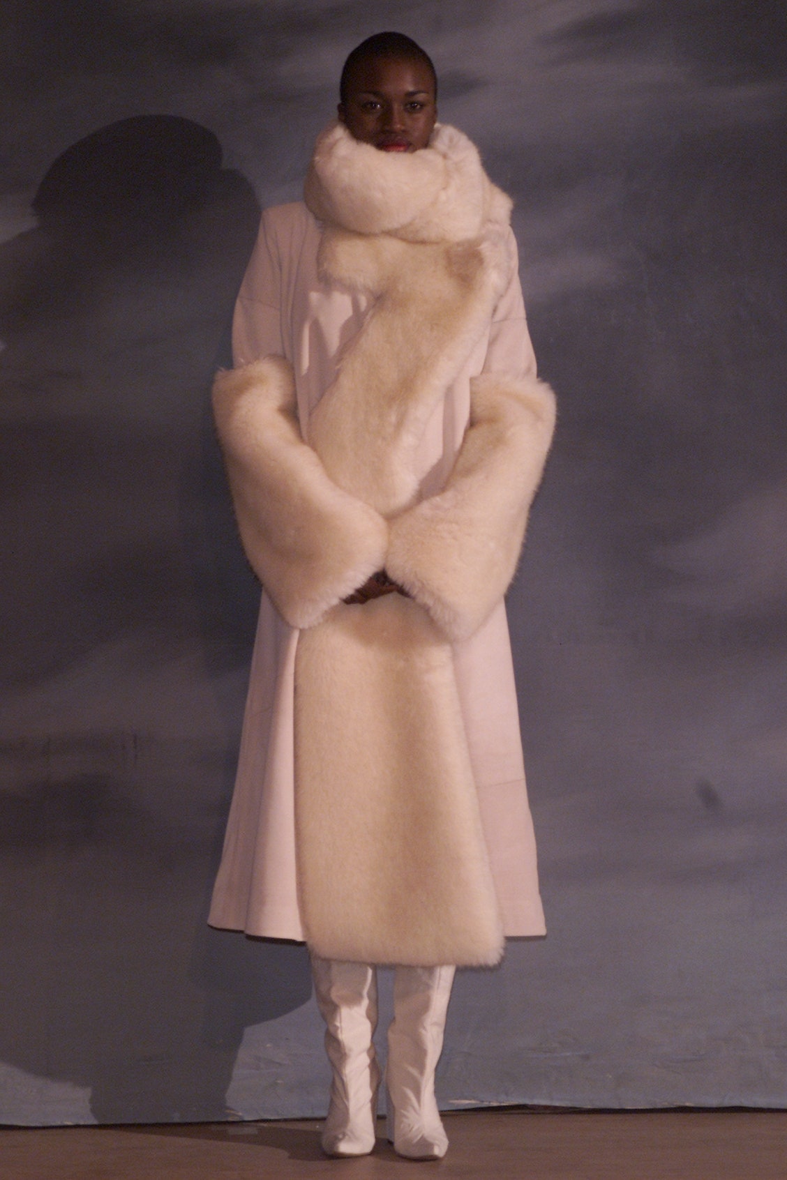 pink fur-trimmed maxi coat