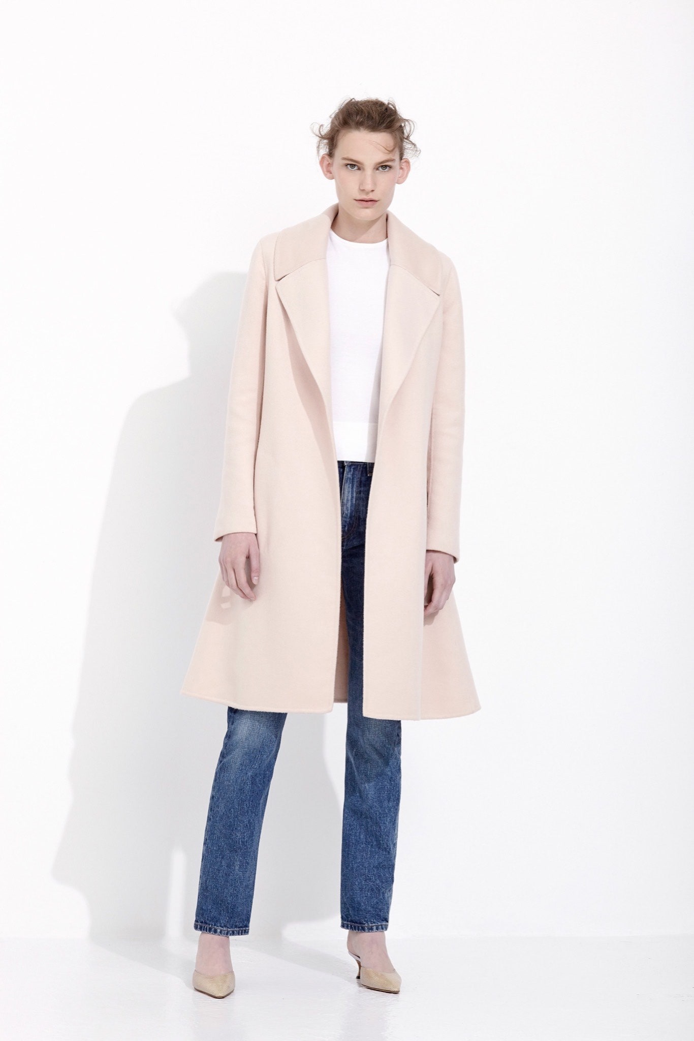 pink wool open-front coat