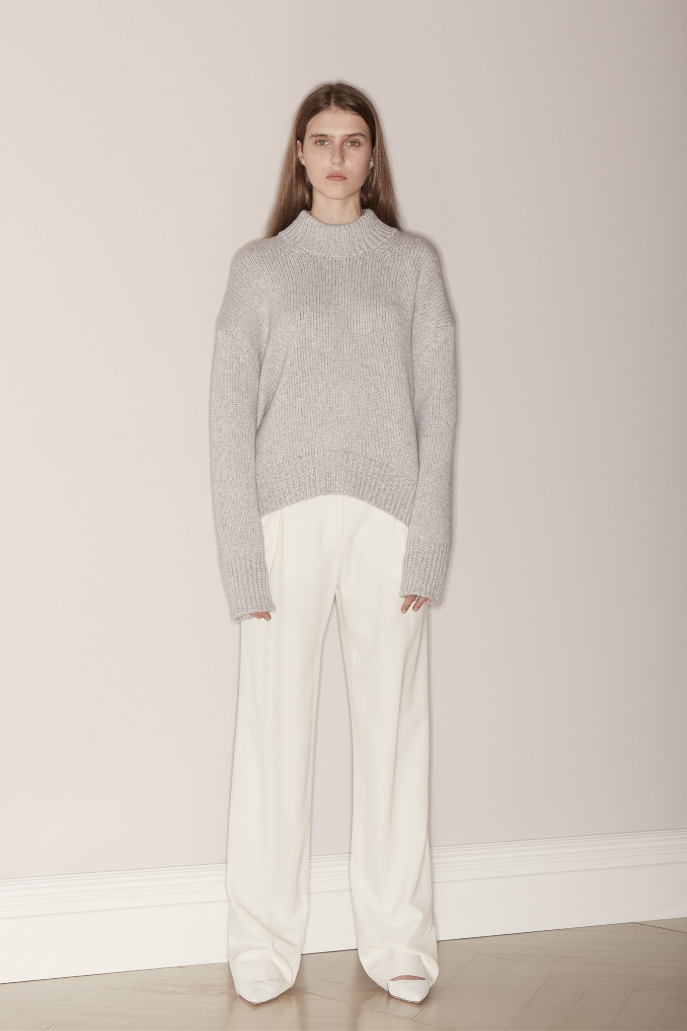 gray ribbed high-neck sweater