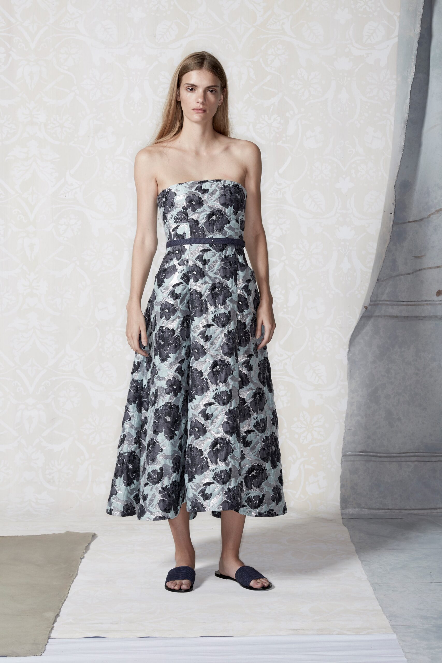 blue brocade strapless structured floral belted midi-dress