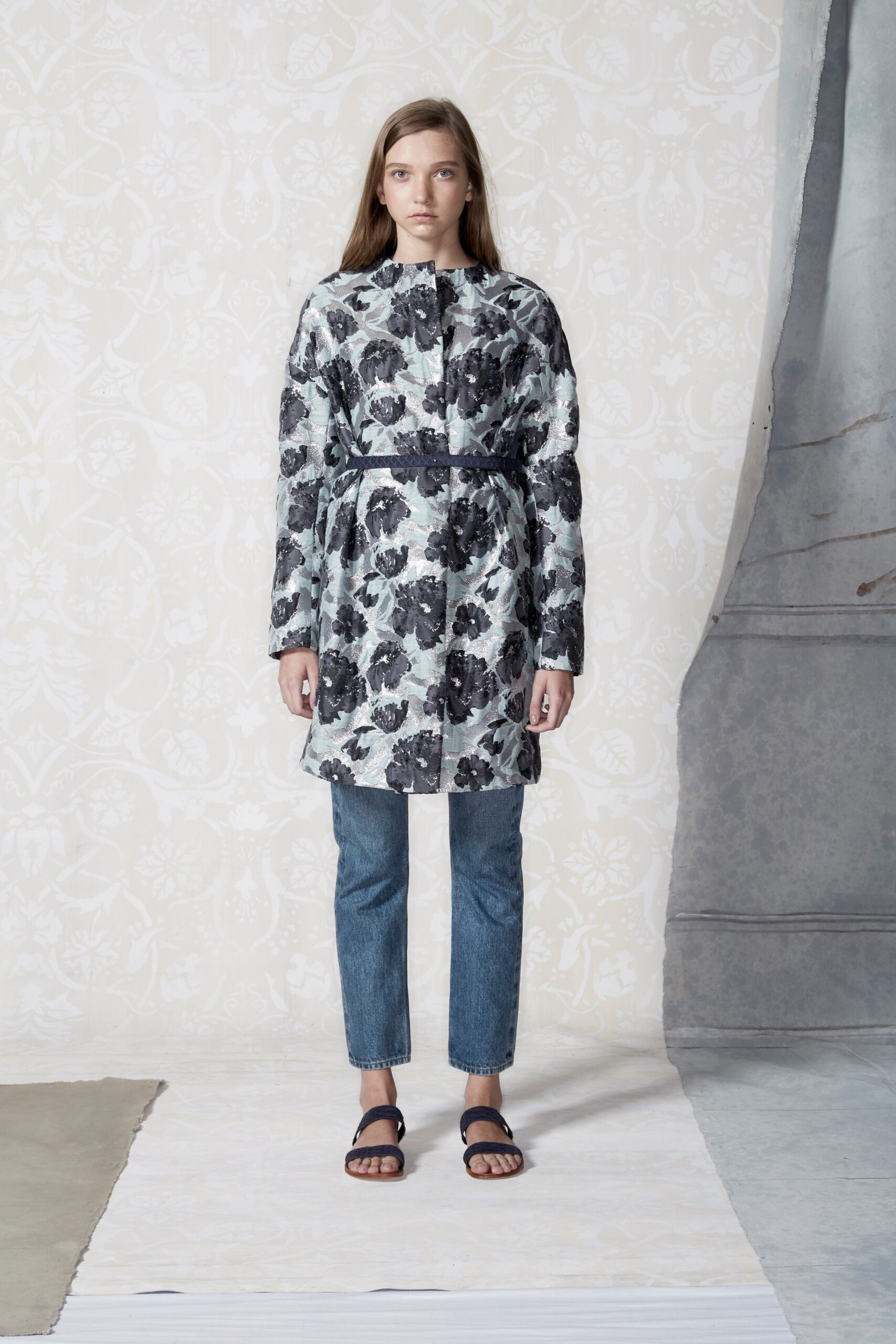 floral belted brocade coat