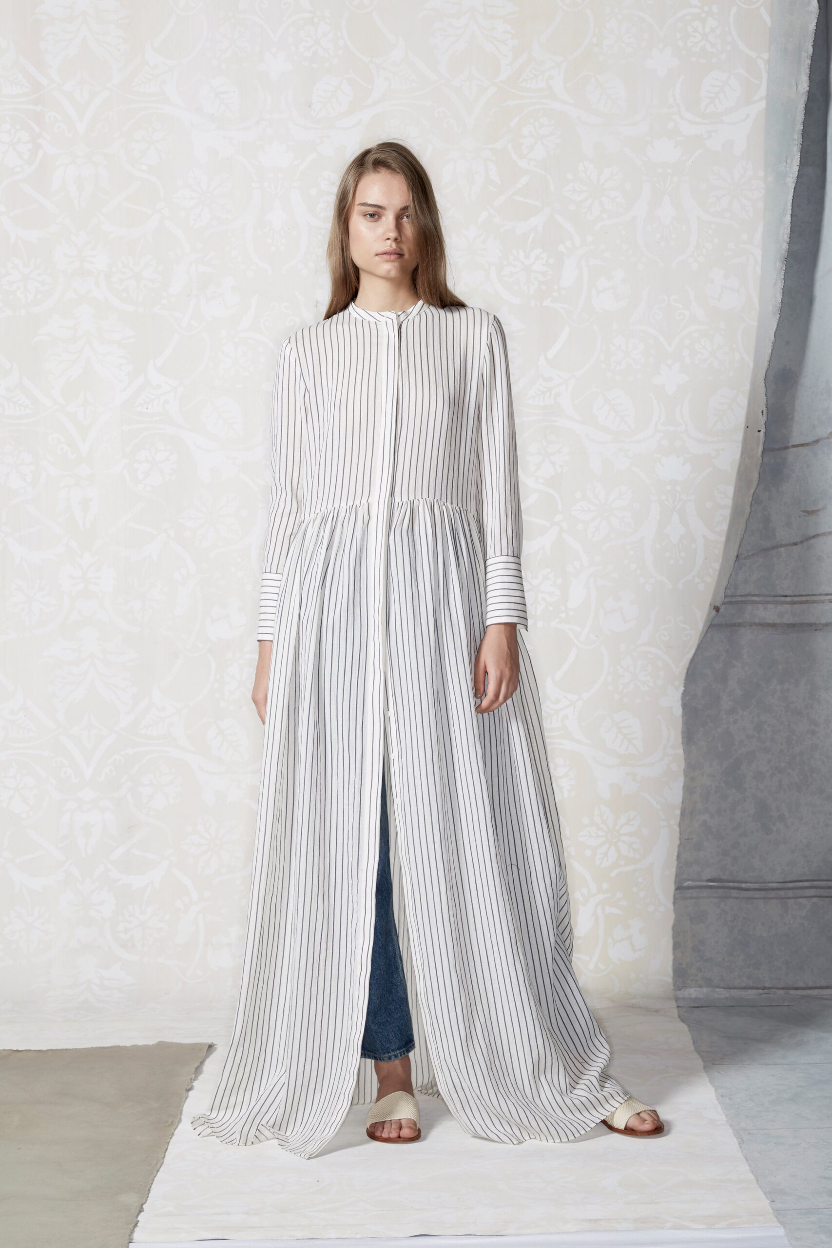 white unknown long-sleeve high-neck striped draped flowing maxi-dress
