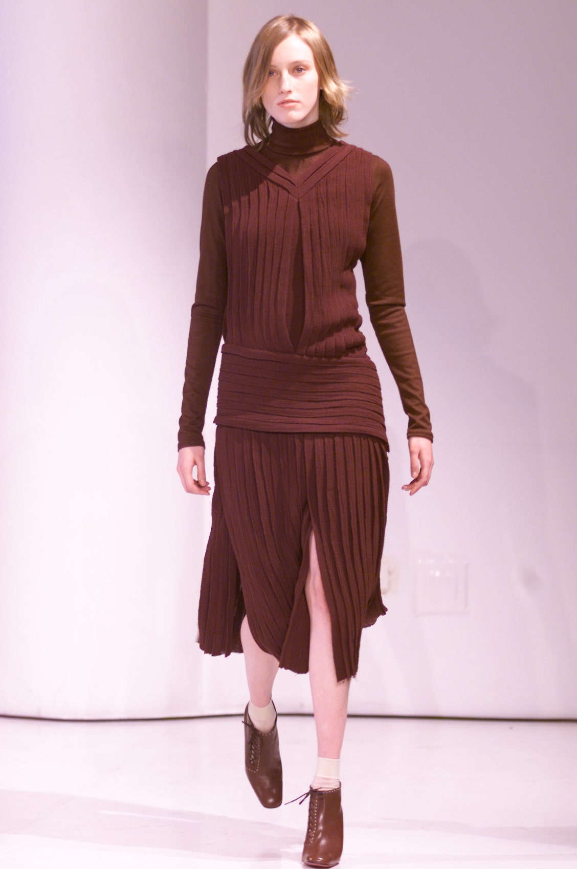 brown pleated knit midi dress