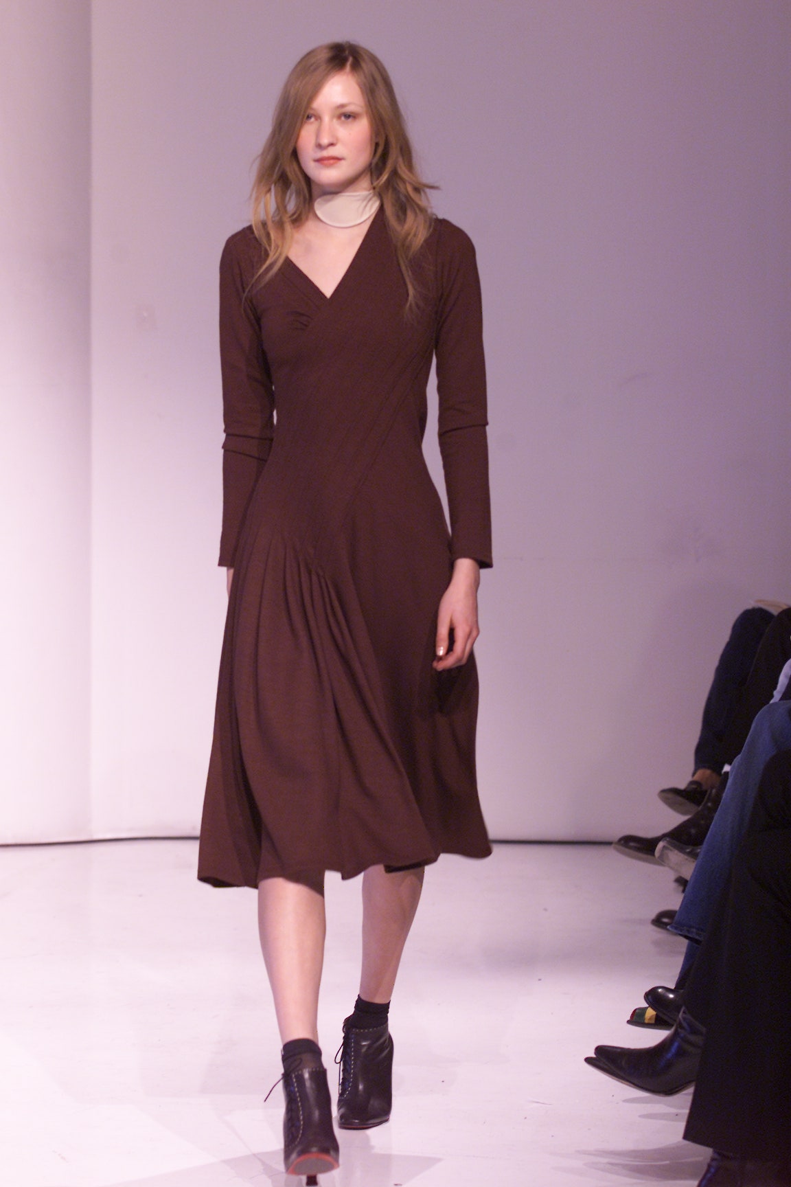 brown jersey long-sleeve v-neck fitted draped pleated midi-dress