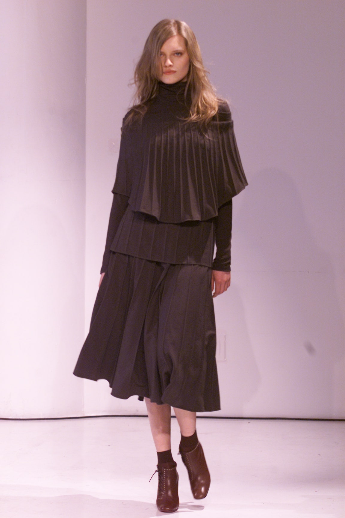 black pleated tiered midi dress
