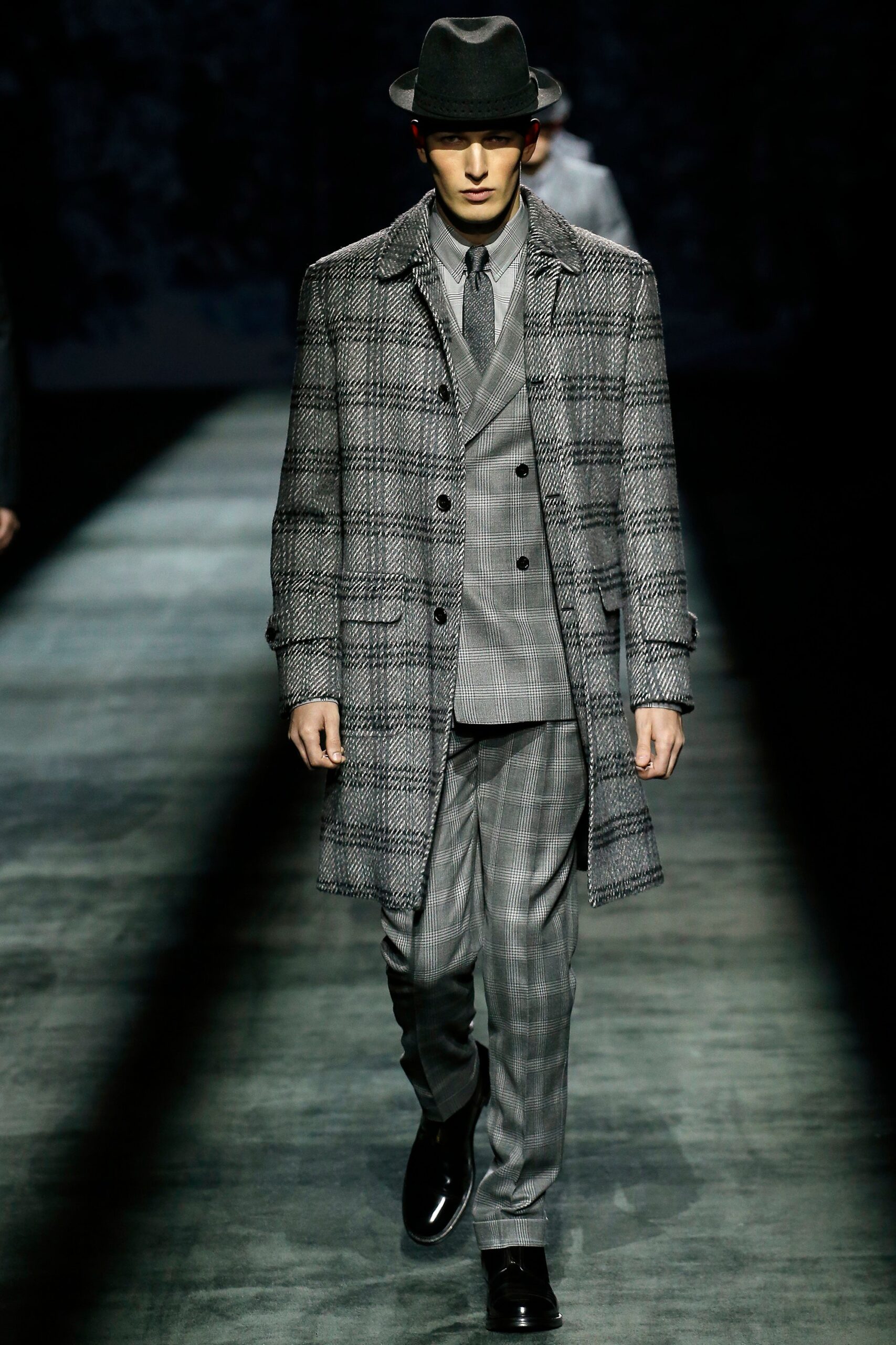 gray checked wool overcoat