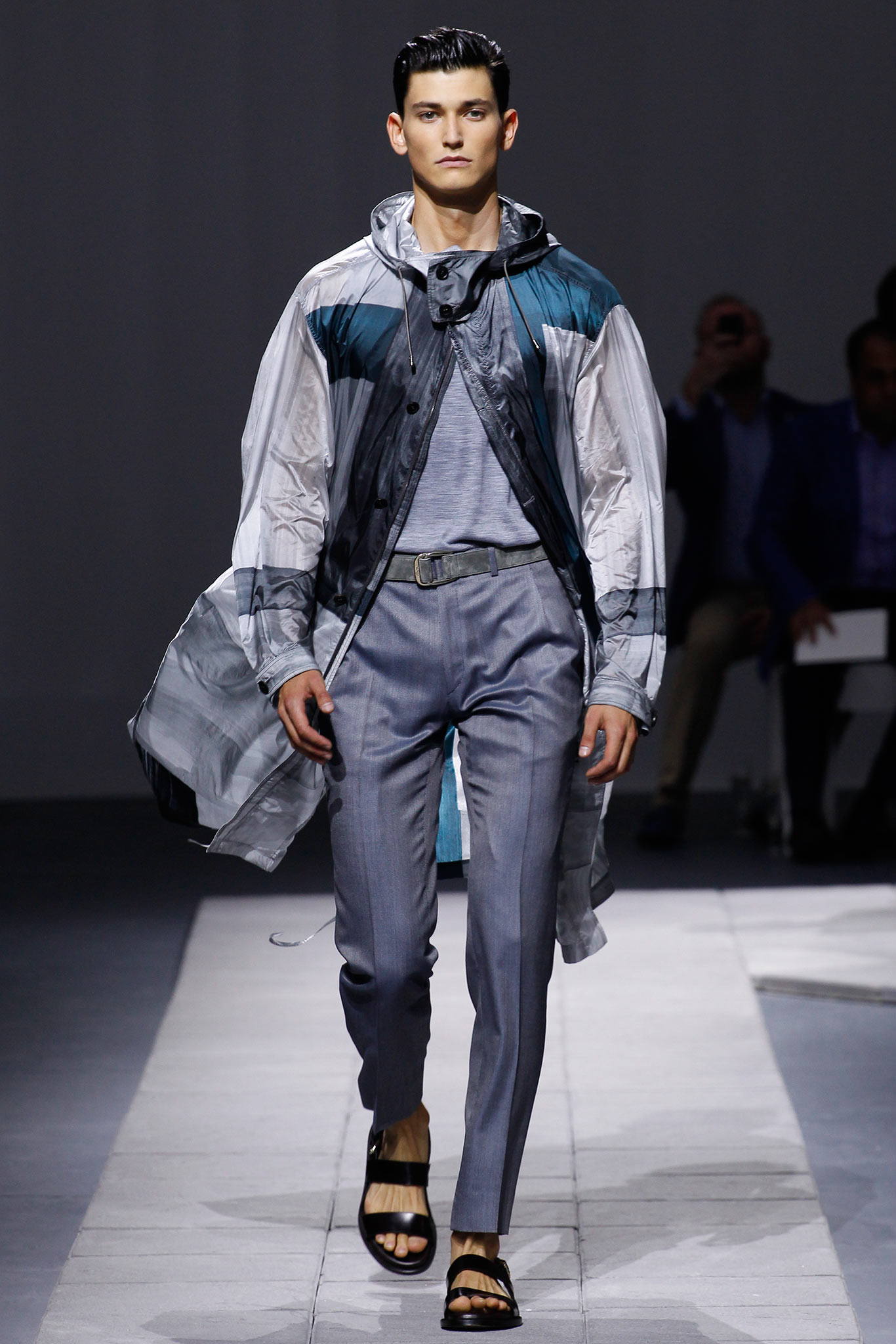 gray nylon long-sleeve hooded relaxed buttoned color-blocked parka