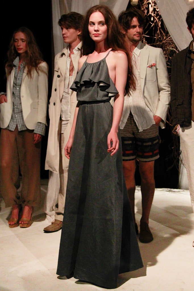 gray halter ruffled gown
