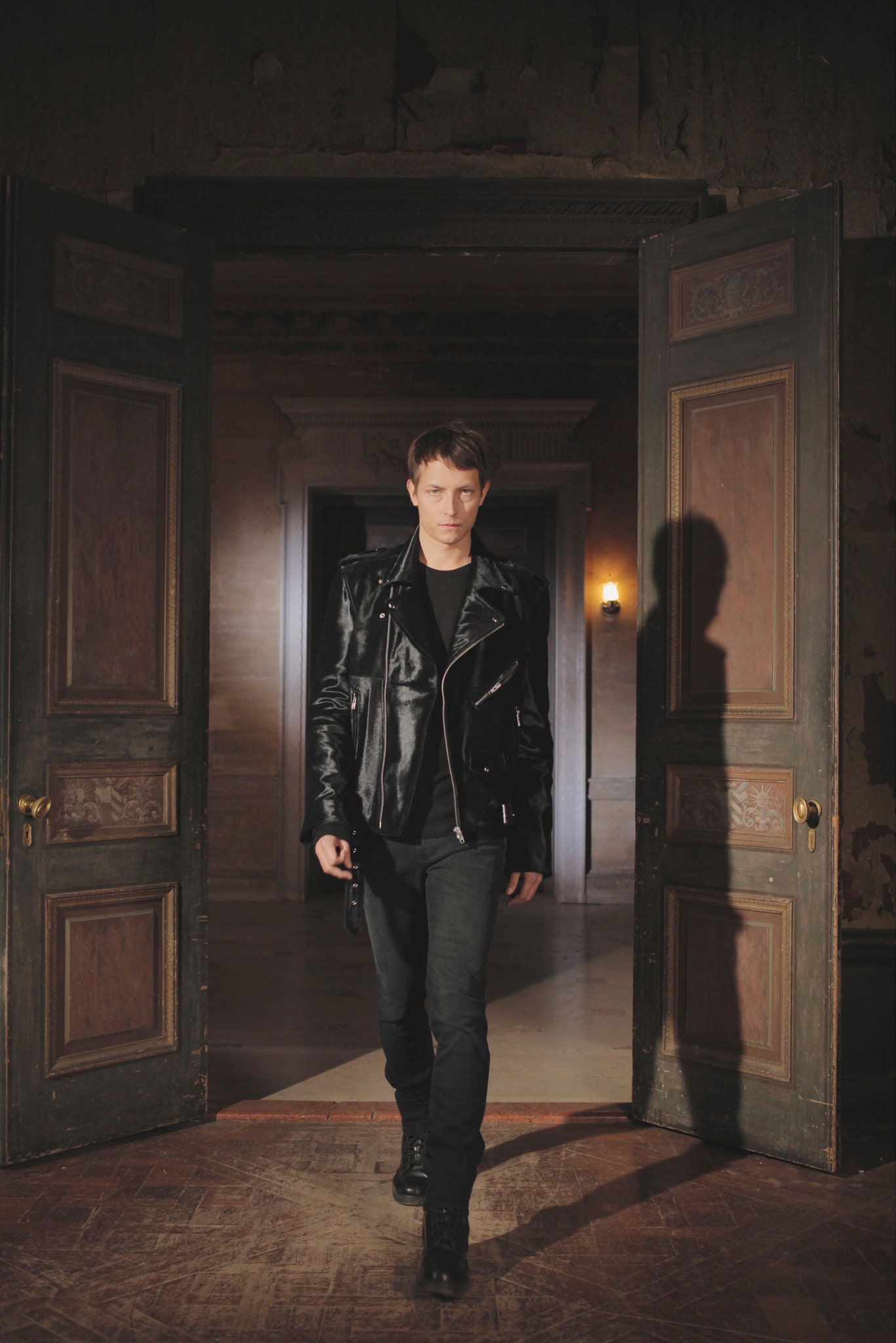 black shiny asymmetric biker jacket