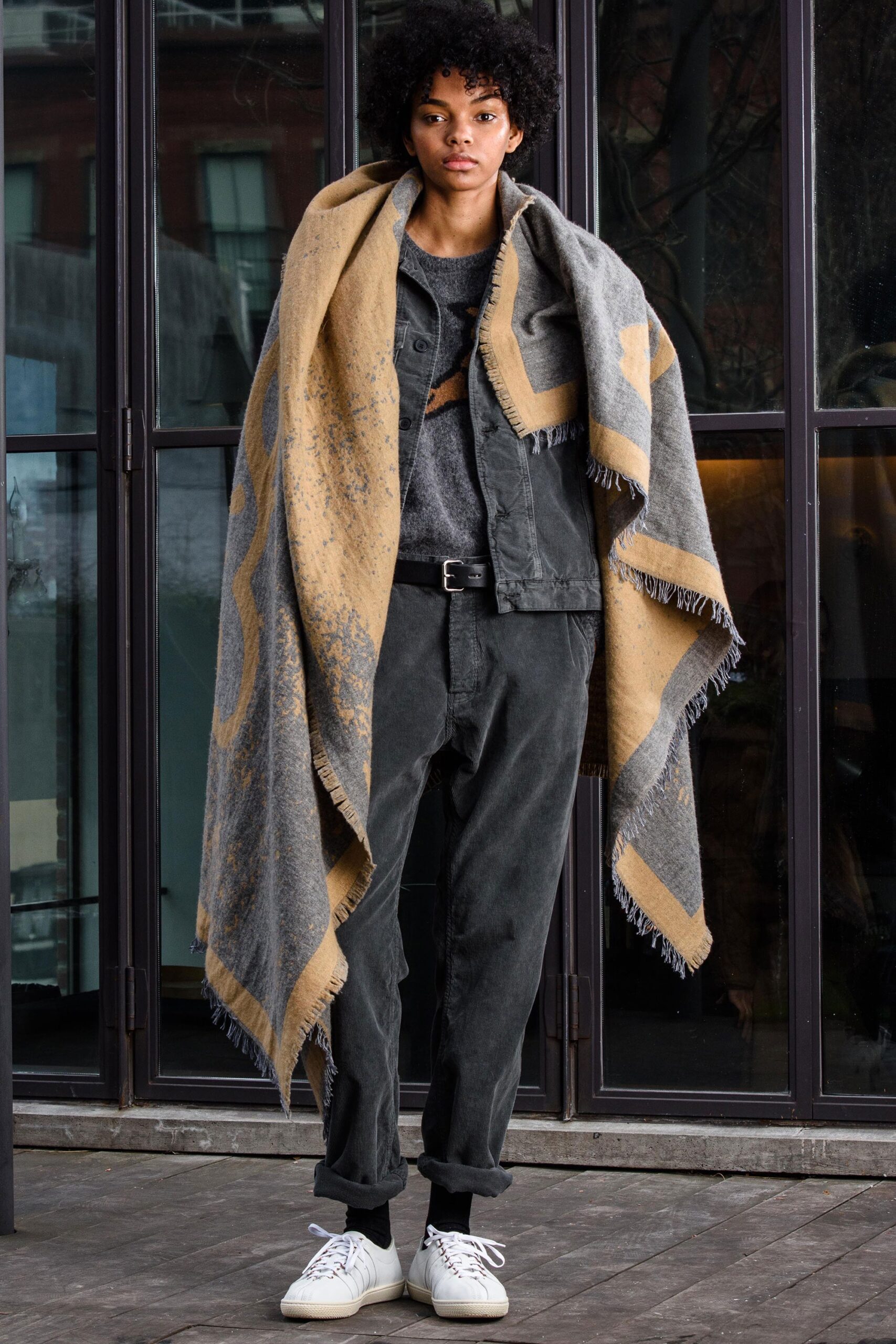 gray and beige fringed scarf