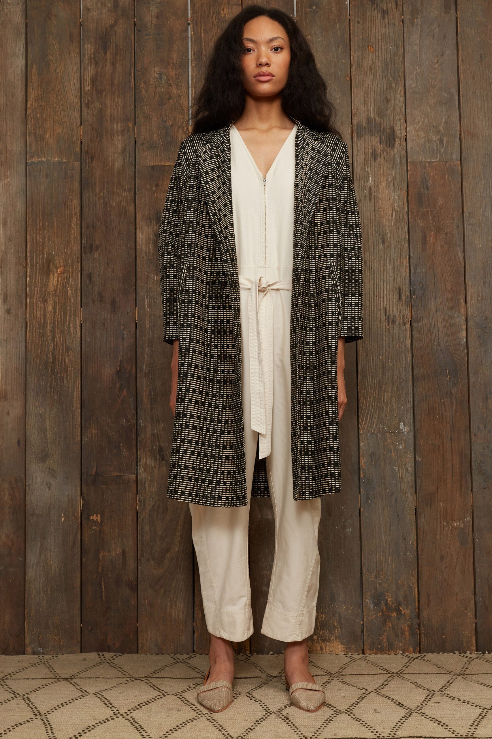 black beige printed long coat