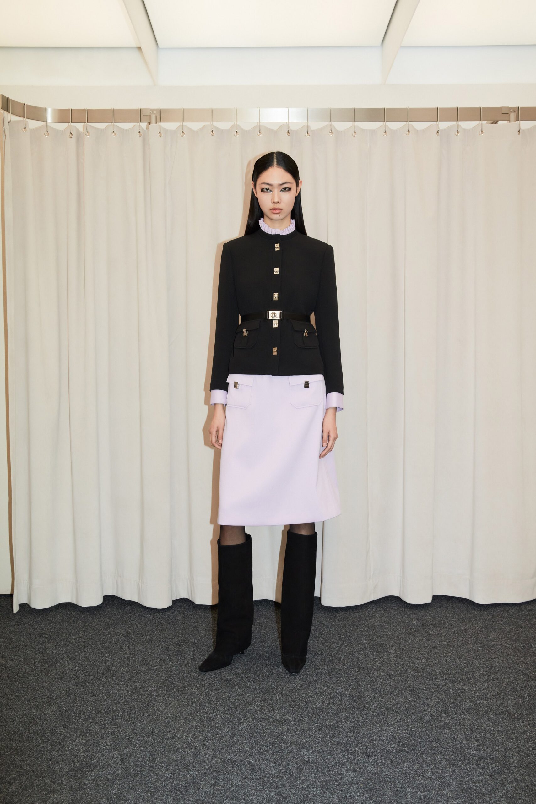 black unknown long-sleeve high-neck tailored belted buttoned blazer