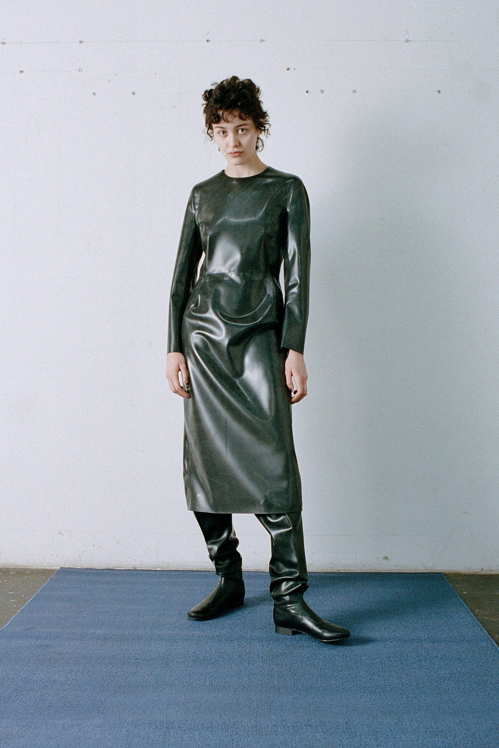 black leather long-sleeve midi dress