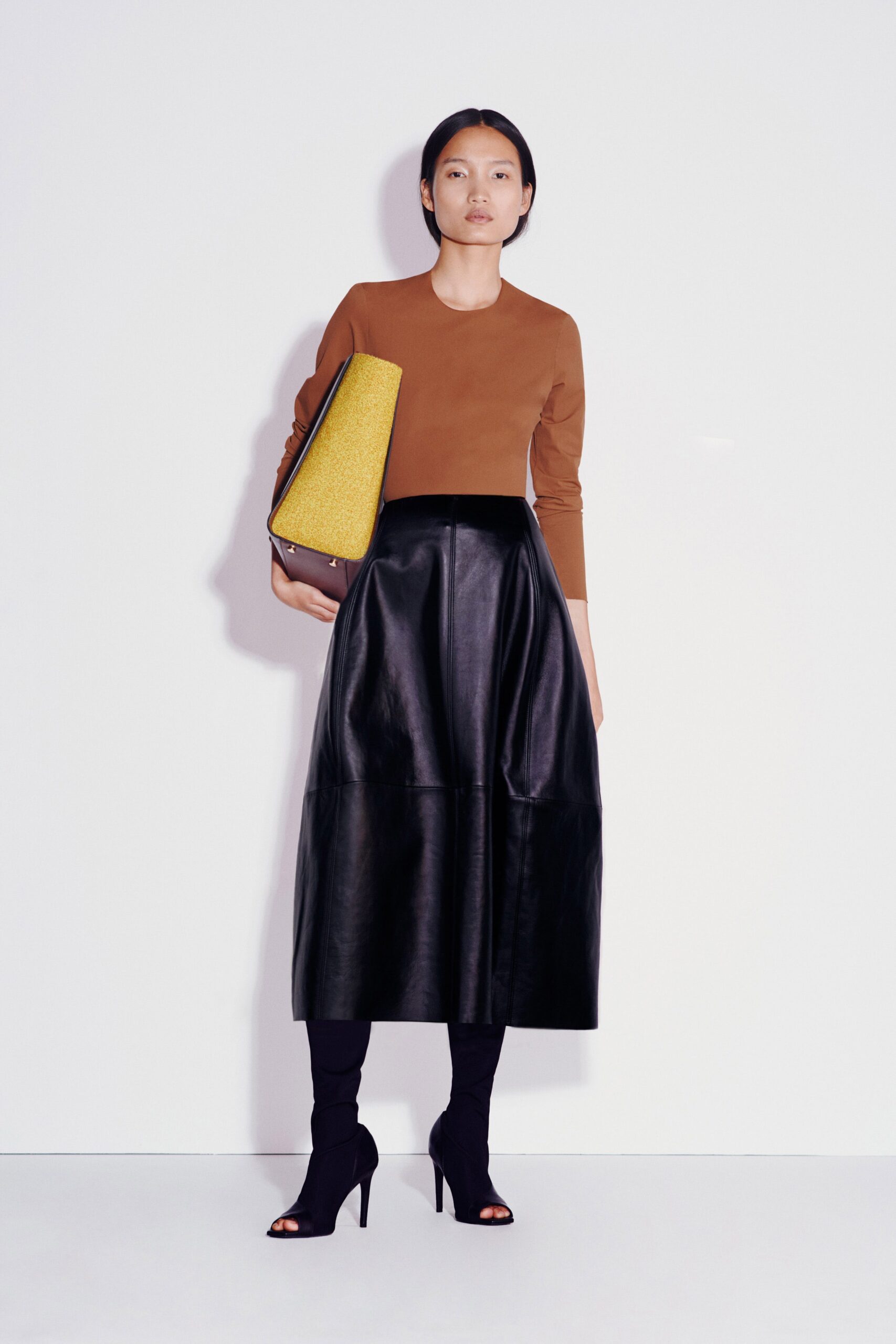 black leather A-line midi skirt