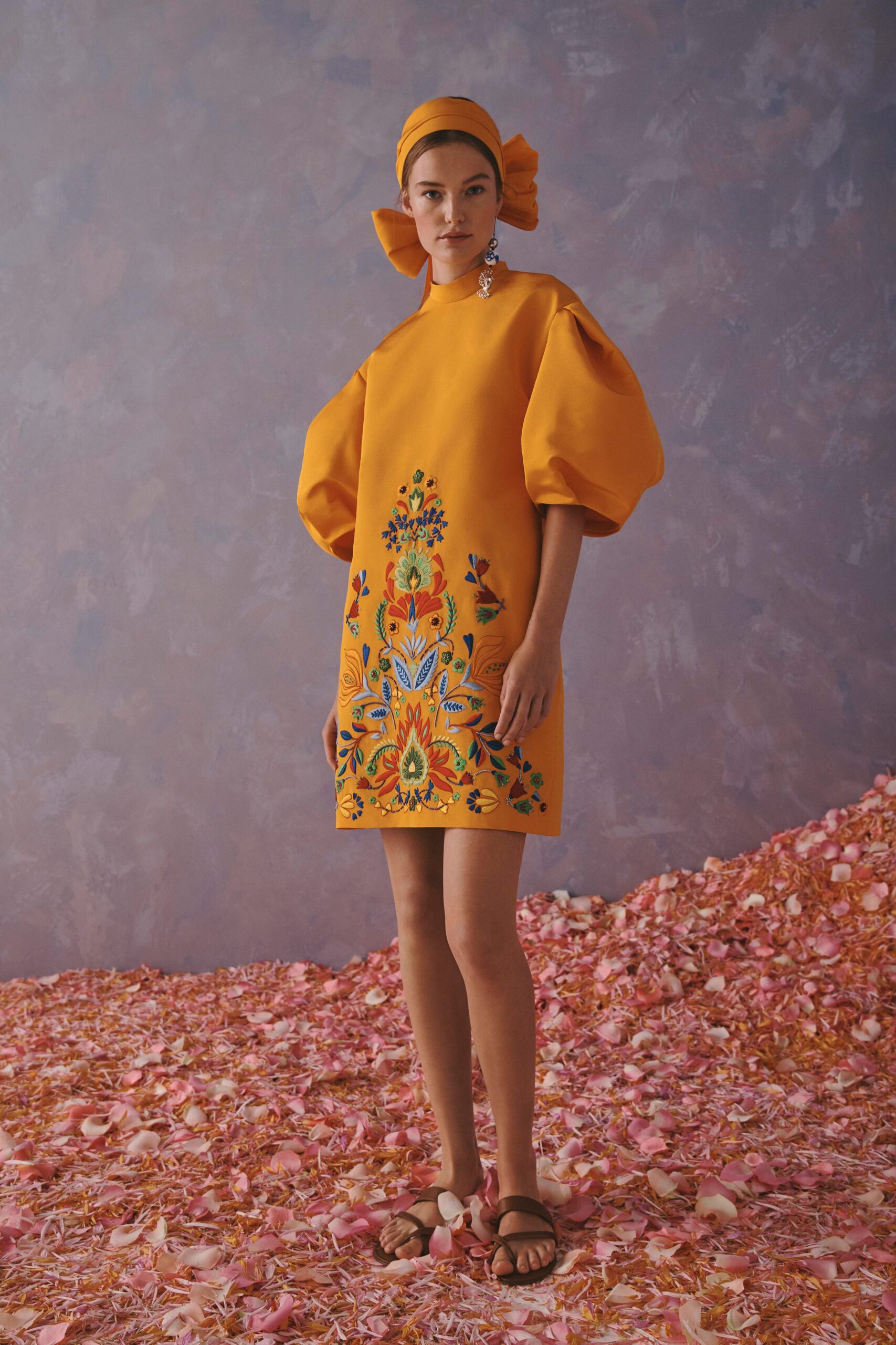 orange unknown high-neck short-sleeve structured embroidered printed mini-dress