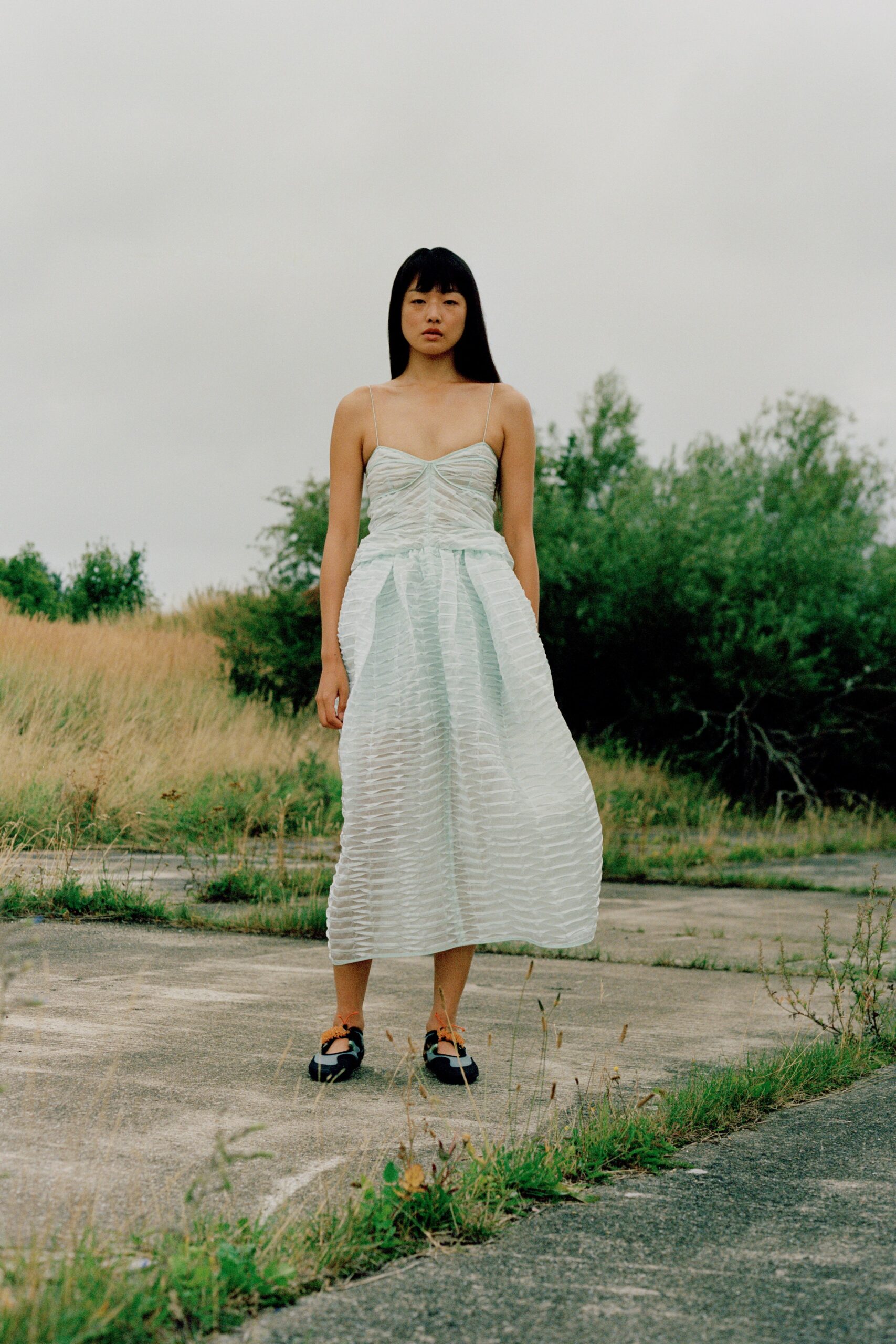 white organza spaghetti-strap scoop-neck ruched a-line midi-dress