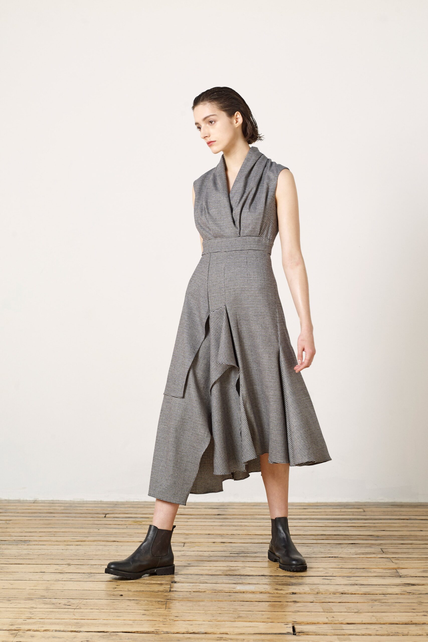 asymmetric checked draped midi dress
