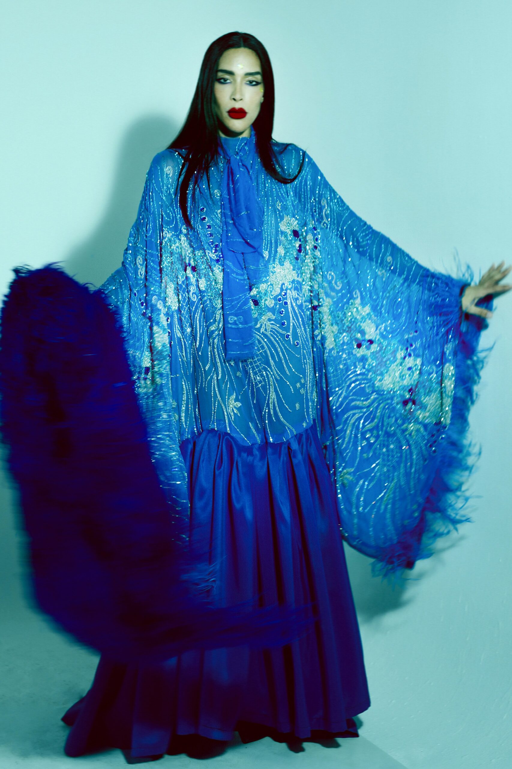 blue chiffon open-front high-neck oversized embroidered beaded cape