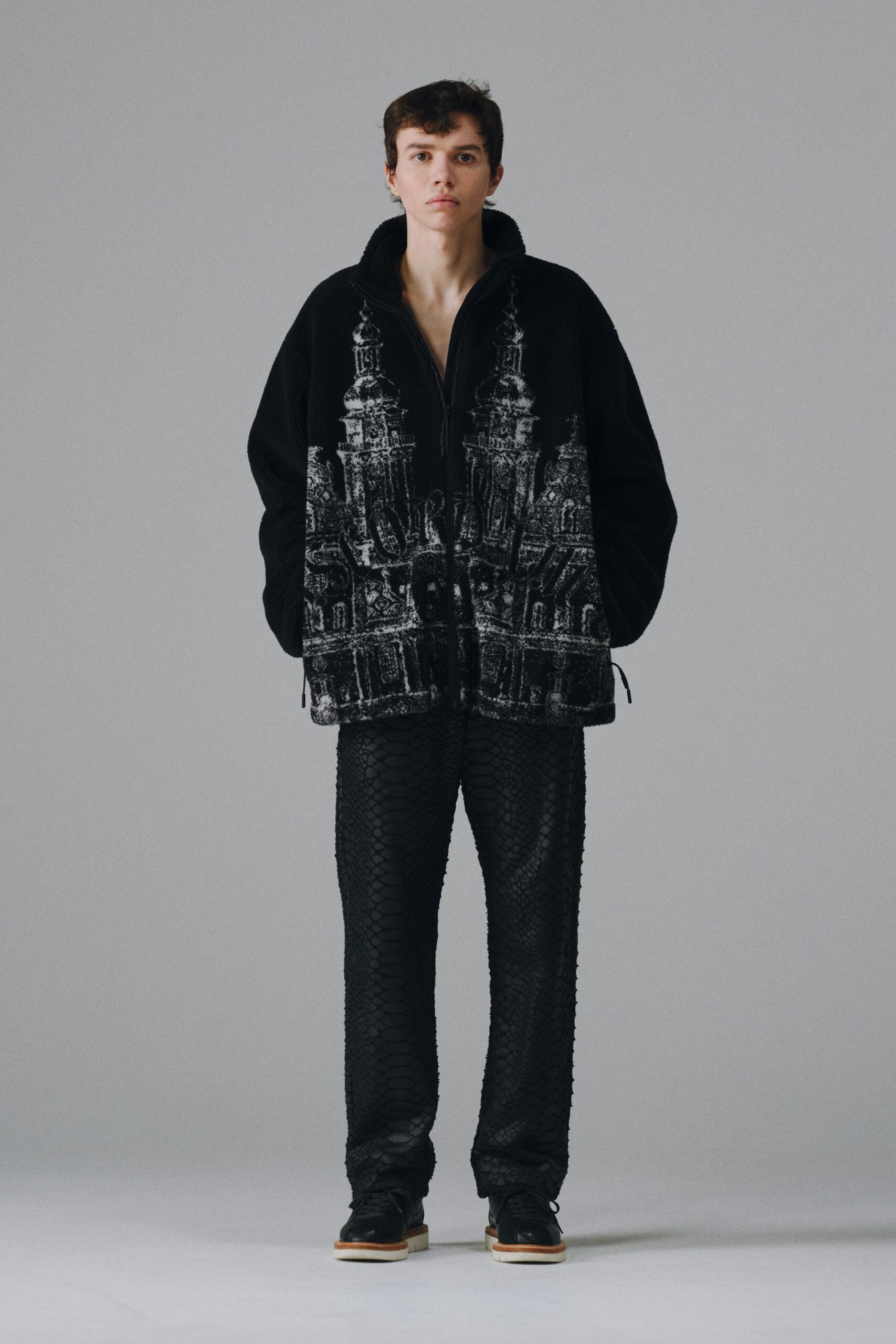 scenic print zip fleece jacket