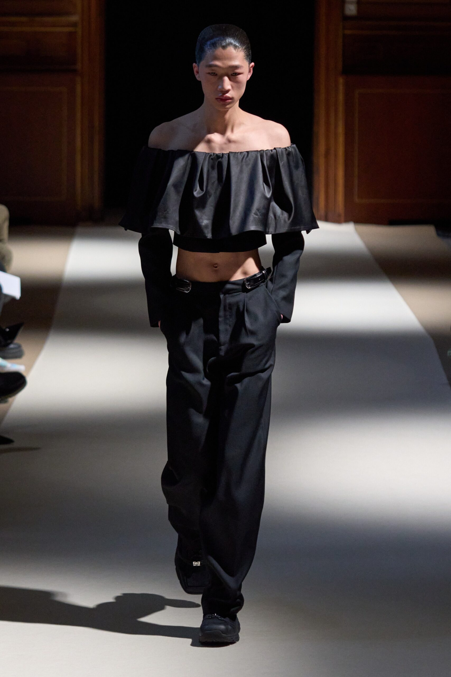 black leather layered buckled shiny belt