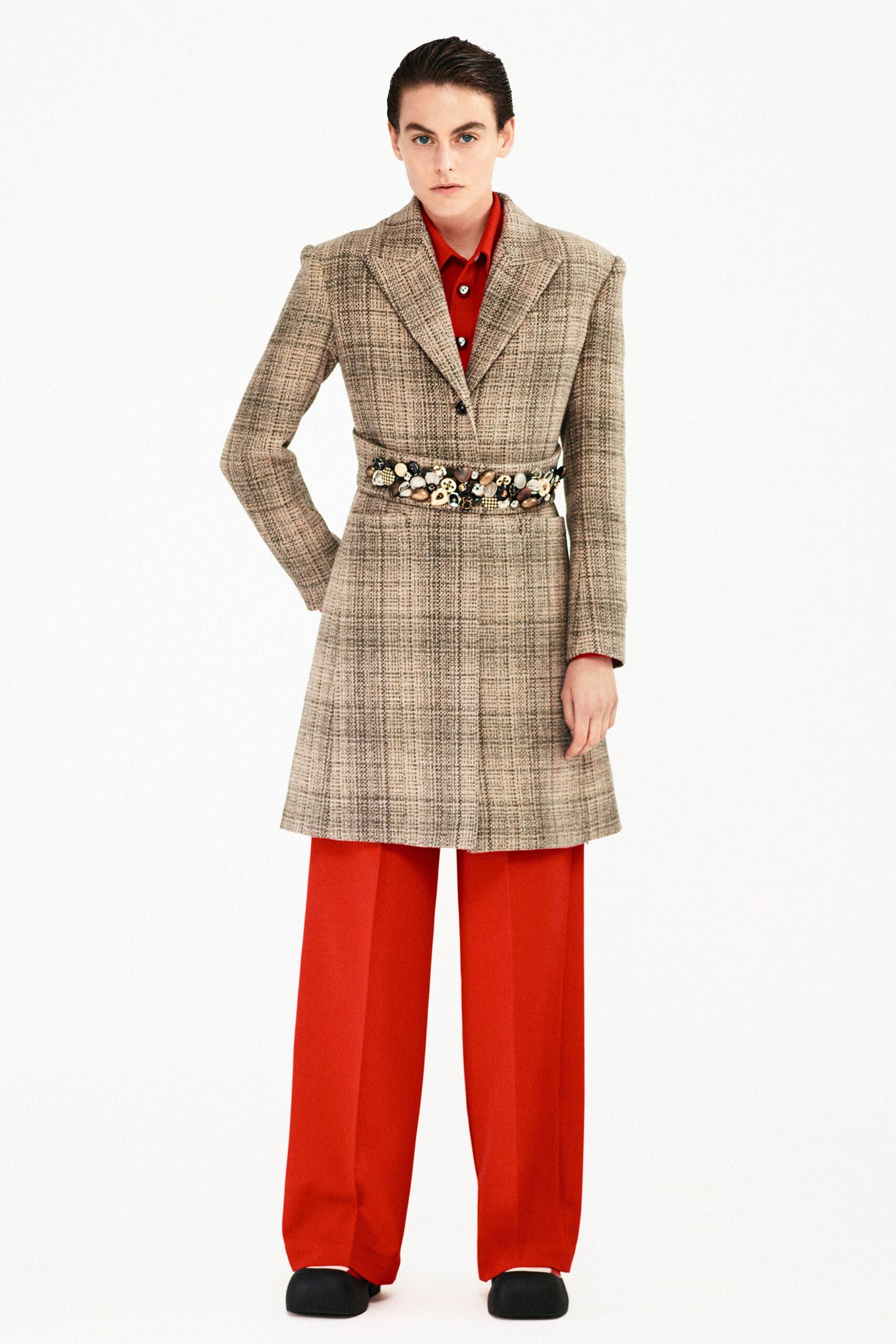 checked belted wool coat