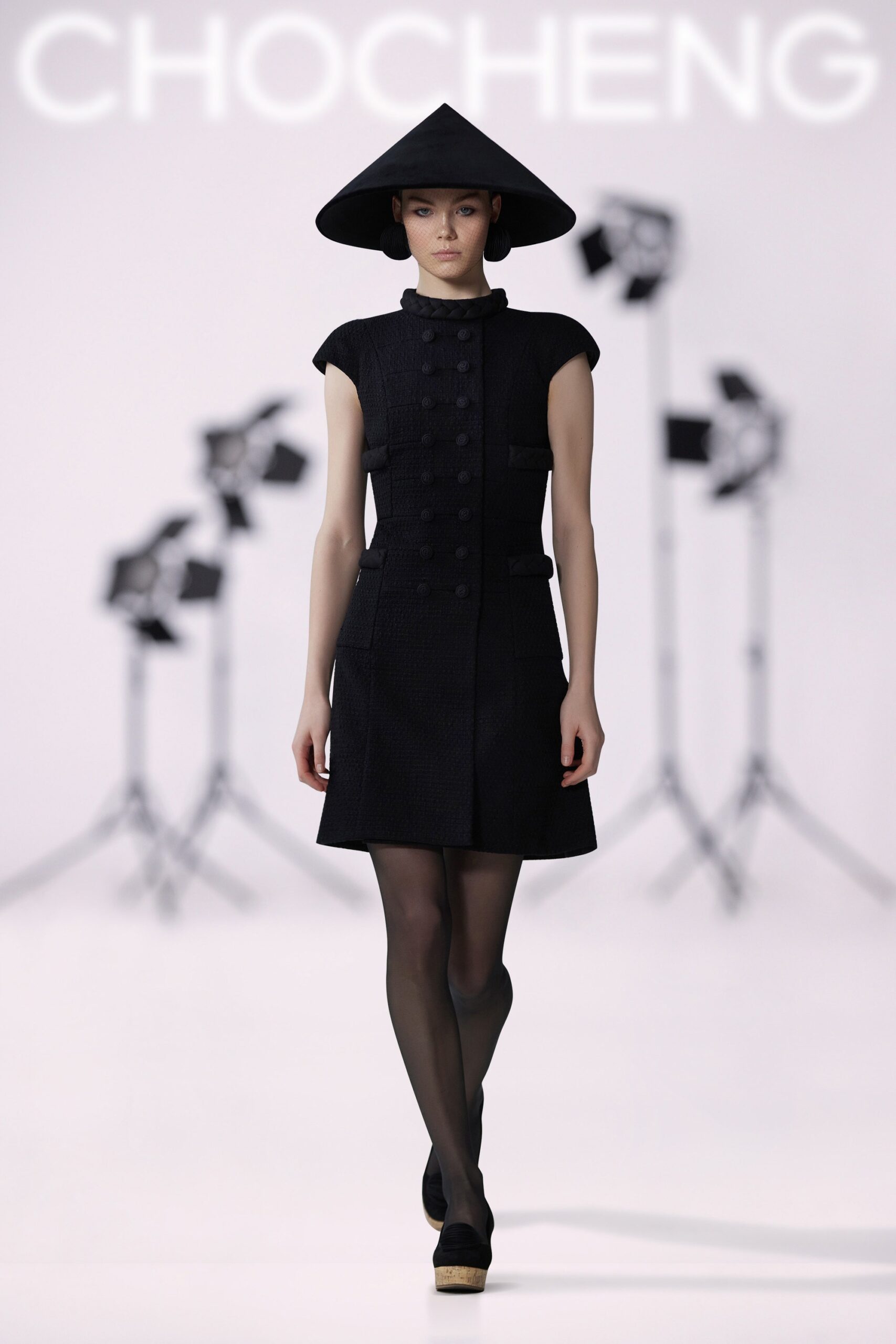 black tweed high-neck sleeveless structured buttoned pockets mini-dress