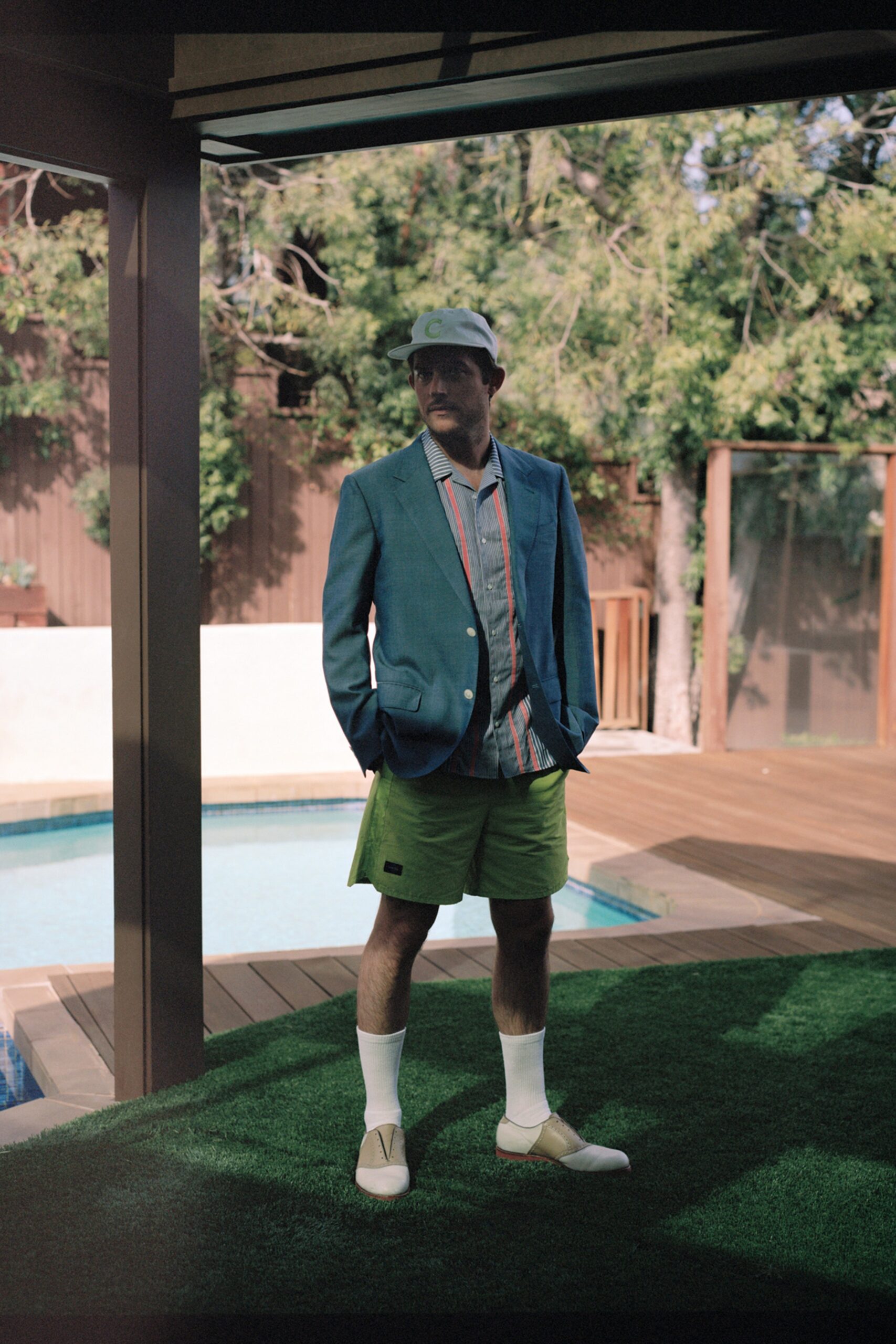 blue blazer with striped camp-collar shirt