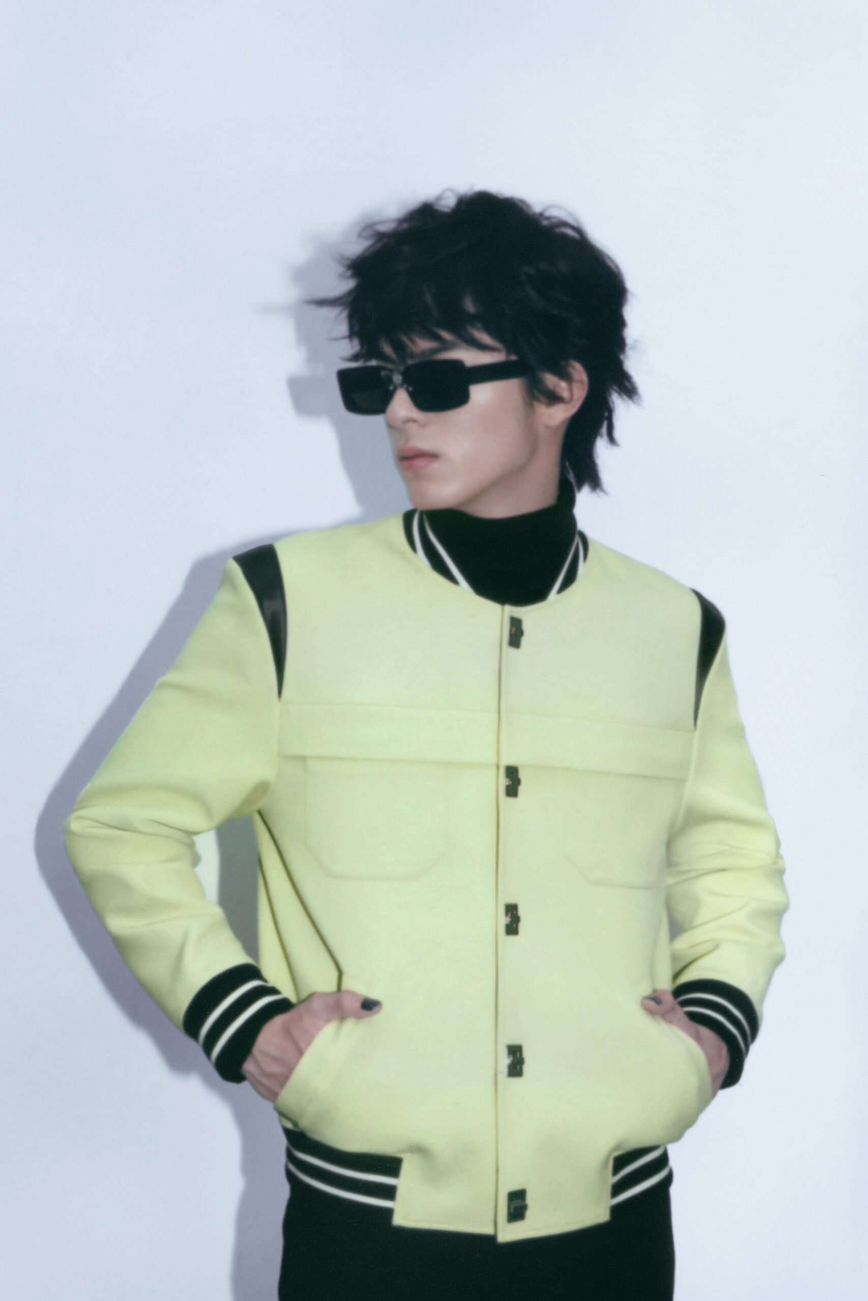 yellow unknown long-sleeve high-neck structured zippered striped jacket