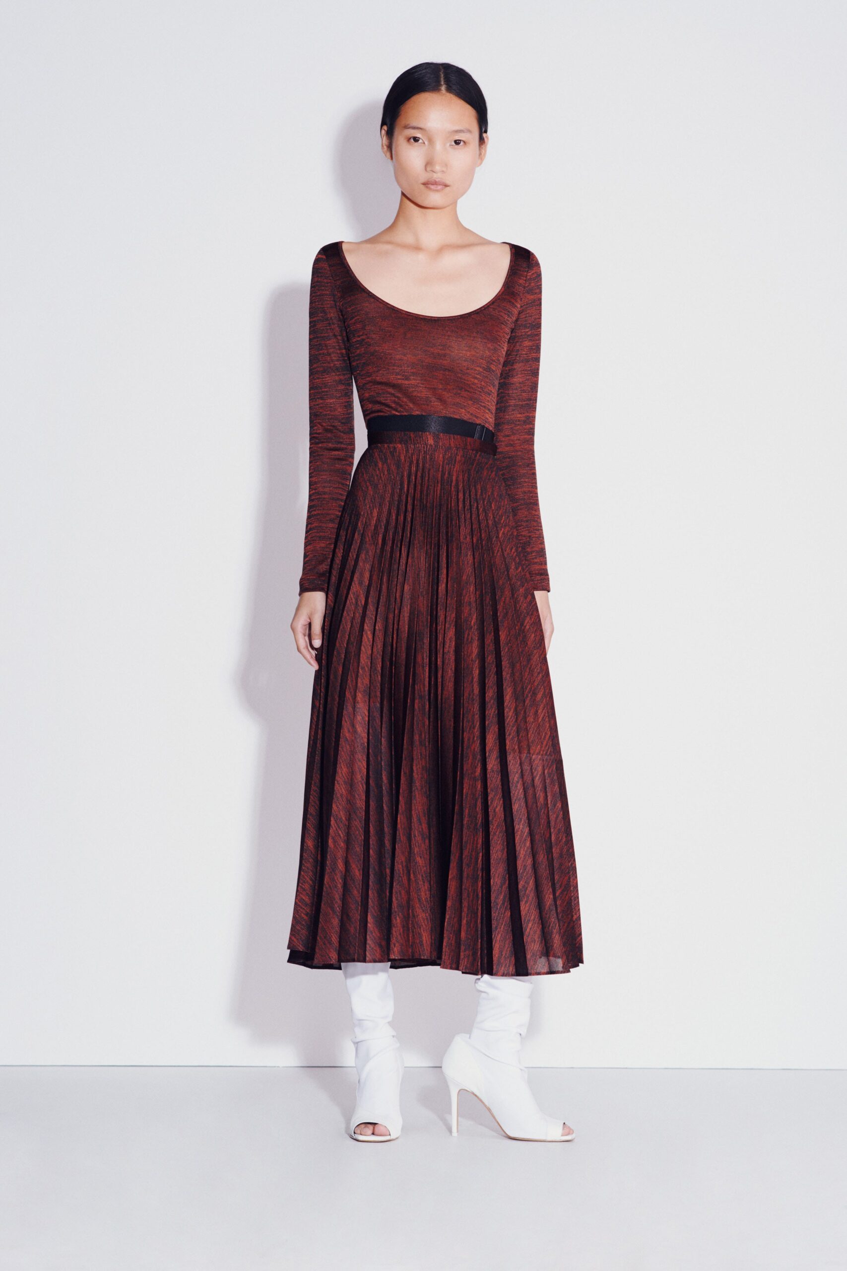 pleated knit fit-and-flare maxi dress