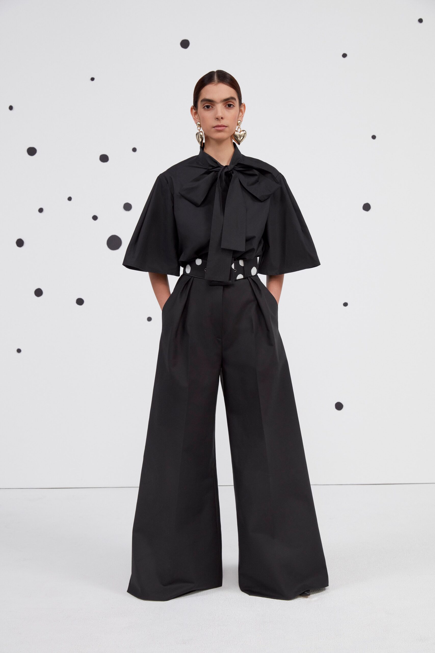 black cotton high-neck short-sleeve relaxed bow blouse