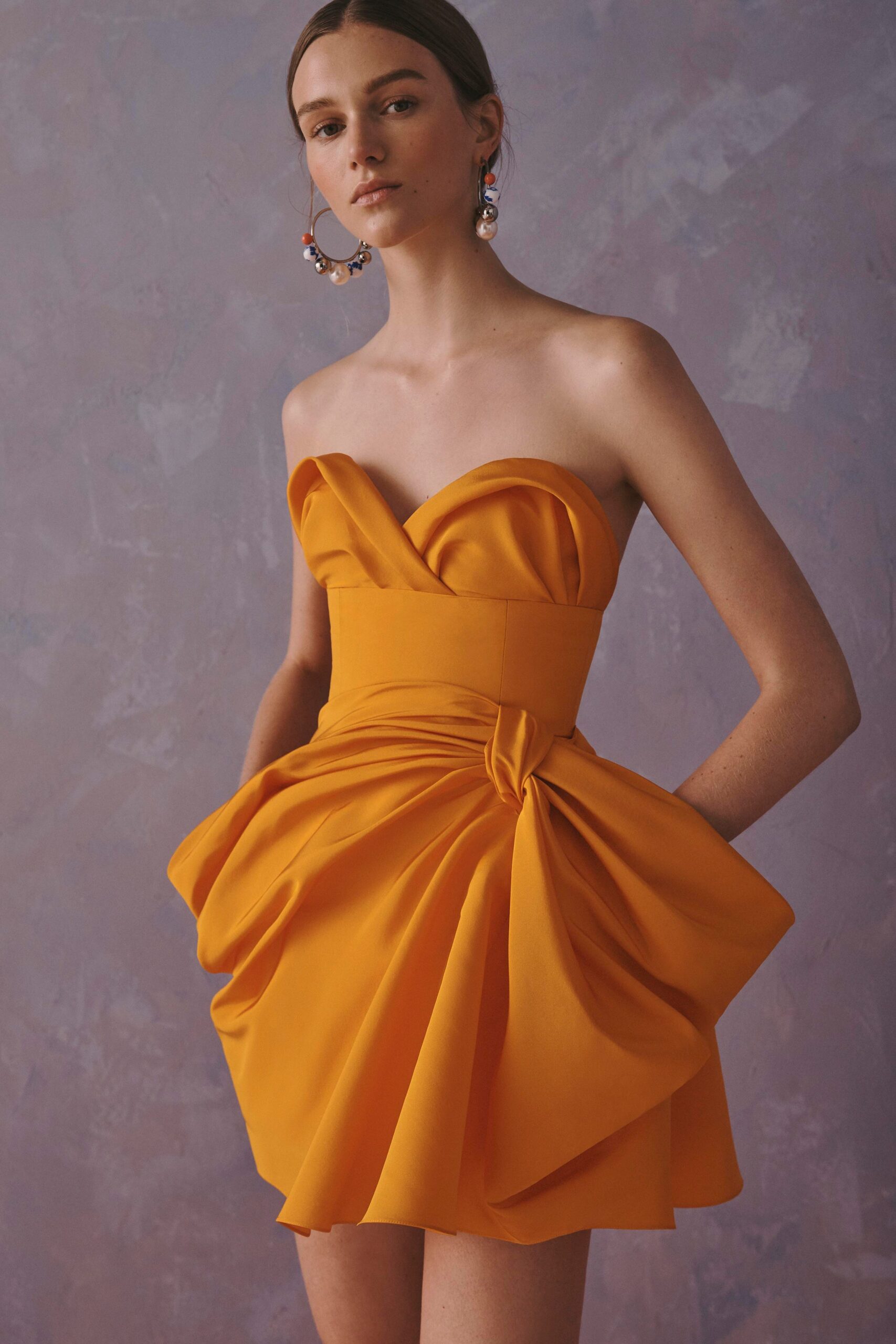 orange crepe strapless sweetheart structured draped ruched mini-dress