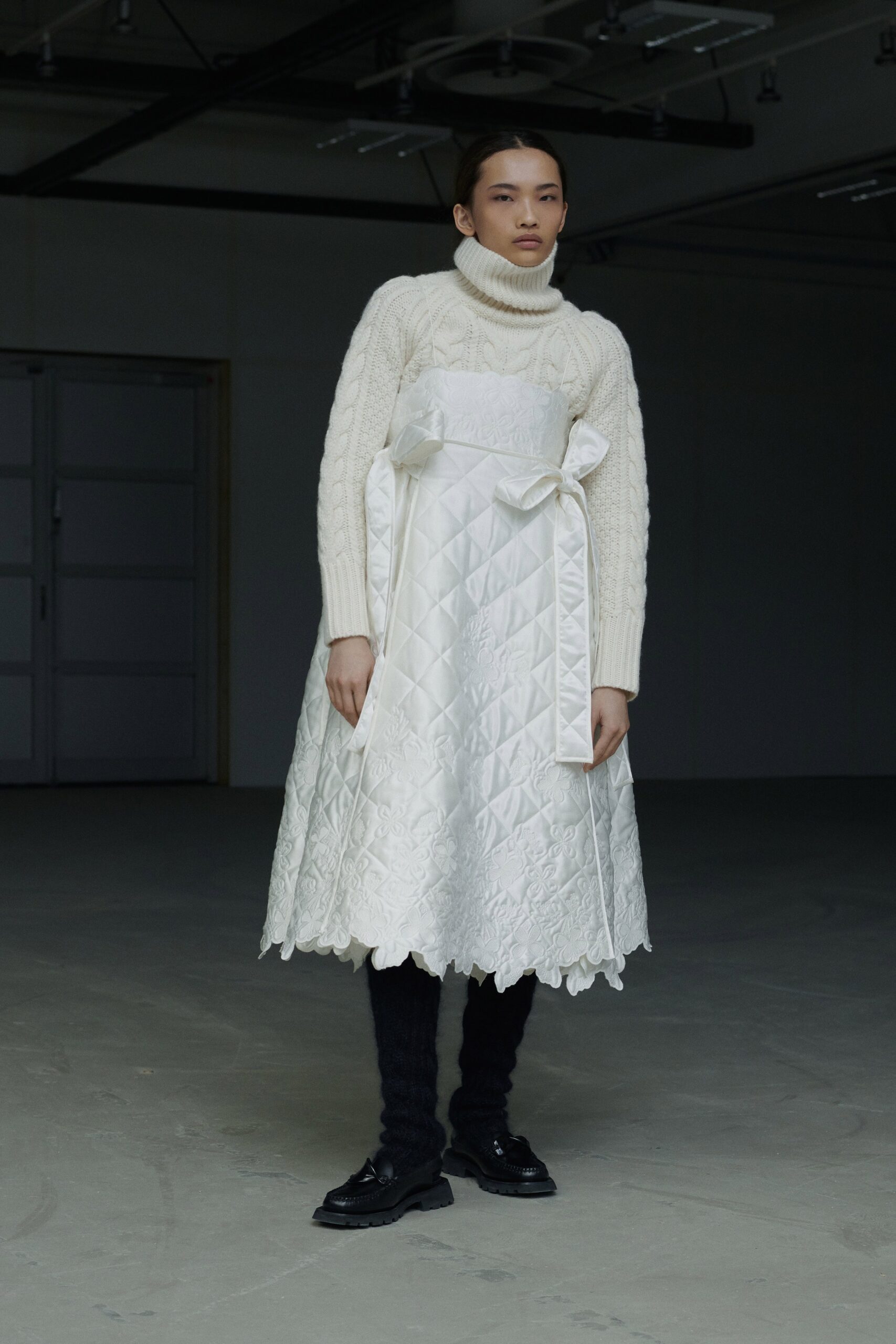 white satin sleeveless square-neck quilted embroidered dress
